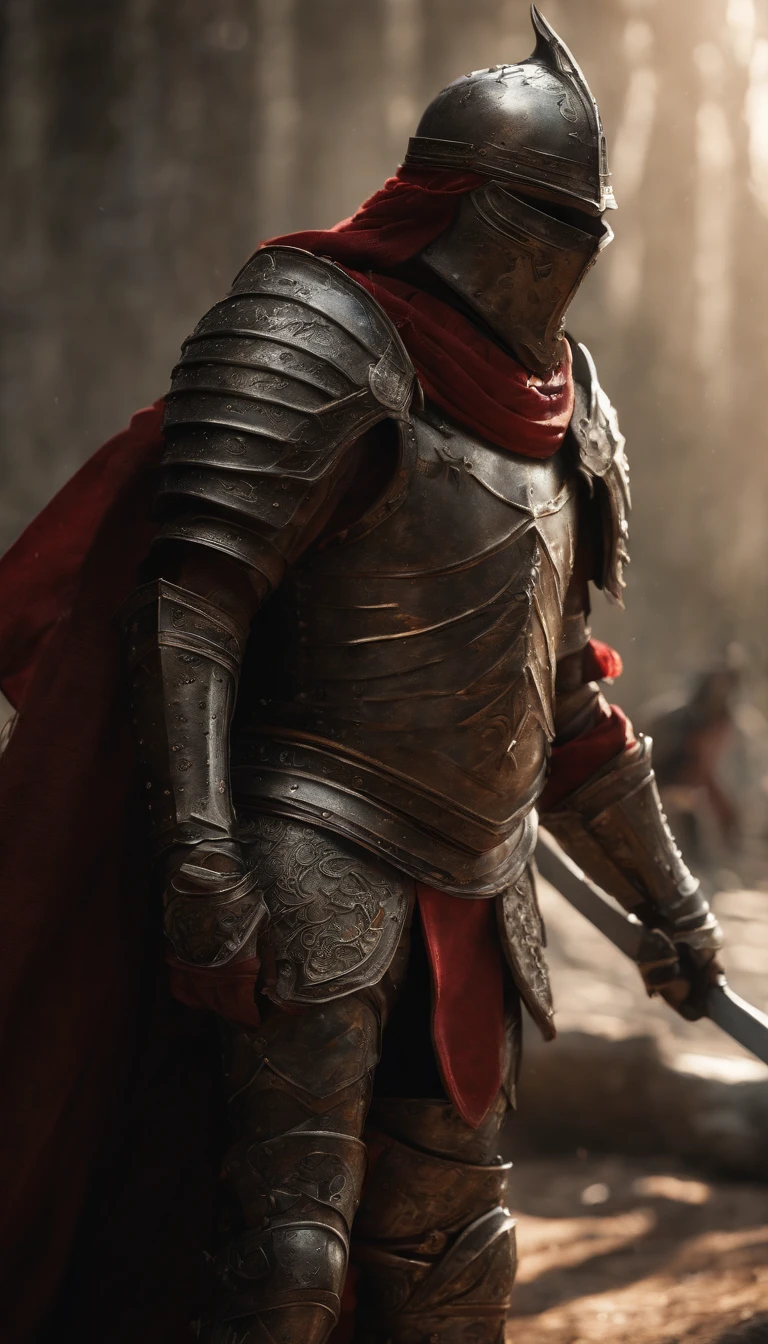 (Best quality,4K,8K,A high resolution,Masterpiece:1.2),Ultra-detailed,(Realistic,Photorealistic,photo-realistic:1.37),A sword-wielding demon armor warrior stood in the hall, Full body portrait of the mysterious knight, Wearing heavy armor，A sacred warrior wielding a legendary sword, Mythical warriors in full-body armor, A golden knight with divine armor, The helmet is decorated with the devil's horns, The eyes glow blood-red, Concept art for glorious figures, Crimson Armor Knight, Epic Paladin armor, Holy medieval knight, Kneel on one knee, Blades embedded in the earth, submission, Full body shot.