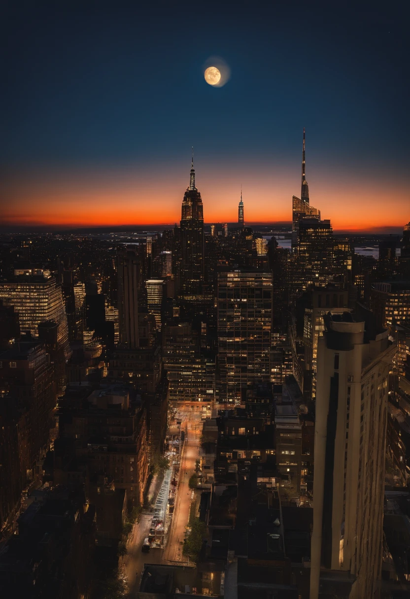 in 2d perspective, A rooftop view of the city with a full moon overhead. New York, the edge of the building, looking out over the city. At B's door&b，45-degree shooting，the sideview，Realiy.}