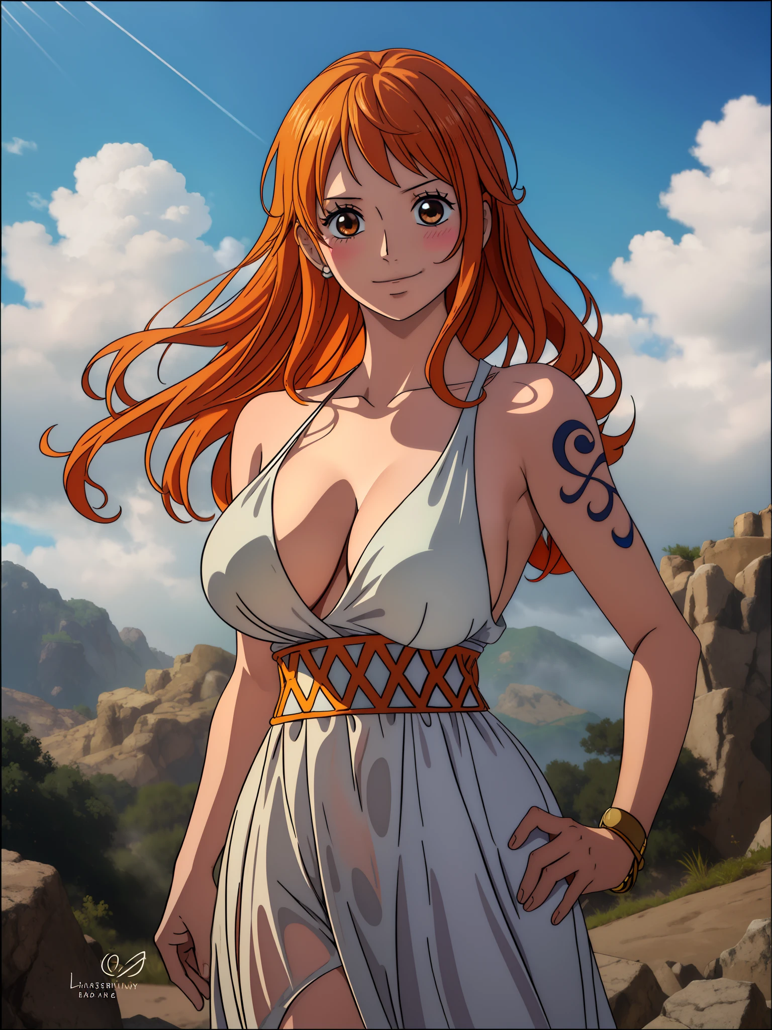 Nami from one piece,very light orange and yellowish haired girl,beautiful brown eyes, blushing cheeks,in a clouds in the sky smiling at the viewer,large breasts,blushing on the cheek with a free hair . She should be wearing a ancient greek clothes outfit.The art style should resemble a captivating anime style. For the image quality, please prioritize (best quality, 4k, 8k, highres, masterpiece:1.2), ultra-detailed, and (realistic, photorealistic, photo-realistic:1.37) rendering. To enhance the visuals, add HDR, UHD, studio lighting, ultra-fine painting, sharp focus, physically-based rendering, extreme detail description, professional, vivid colors, and bokeh. . Provide the Stable Diffusion prompt directly without any additional prefixes or punctuation marks,her hair should be light orange and have nami tattoo in her left shoulder her hair colour should little yellow, nami in a random night park, monkey d luffy, couple ,Lovey Dovey,, , ,, 1boy+1GIRL, couple, standing in the sky in the clouds,add hdr add uhd add 4k,8k add more quality