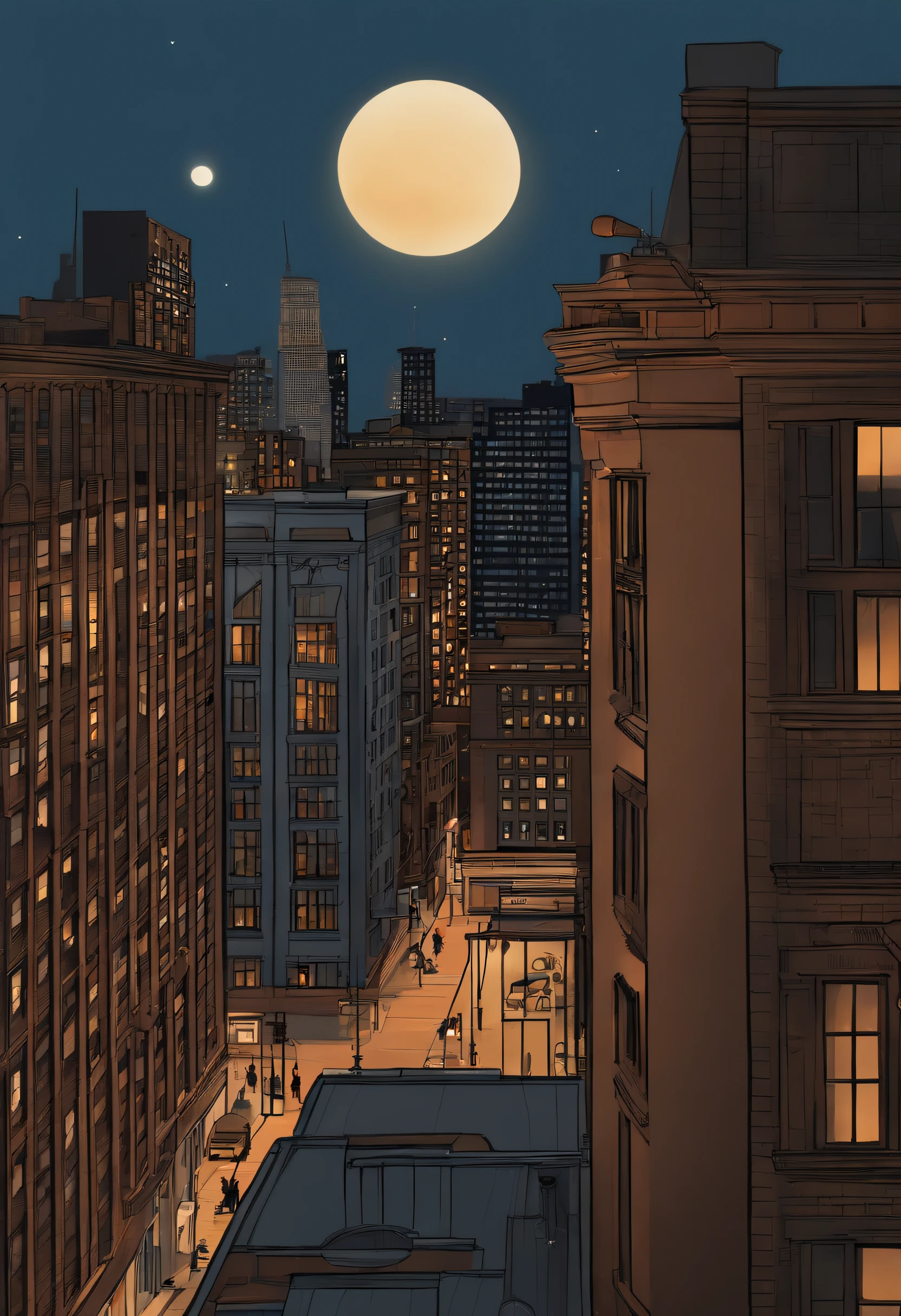 in 2d perspective, A rooftop view of the city with a full moon overhead. New York, the edge of the building, looking out over the city. At B's door&b,45-degree shooting,the sideview,Realiy.}