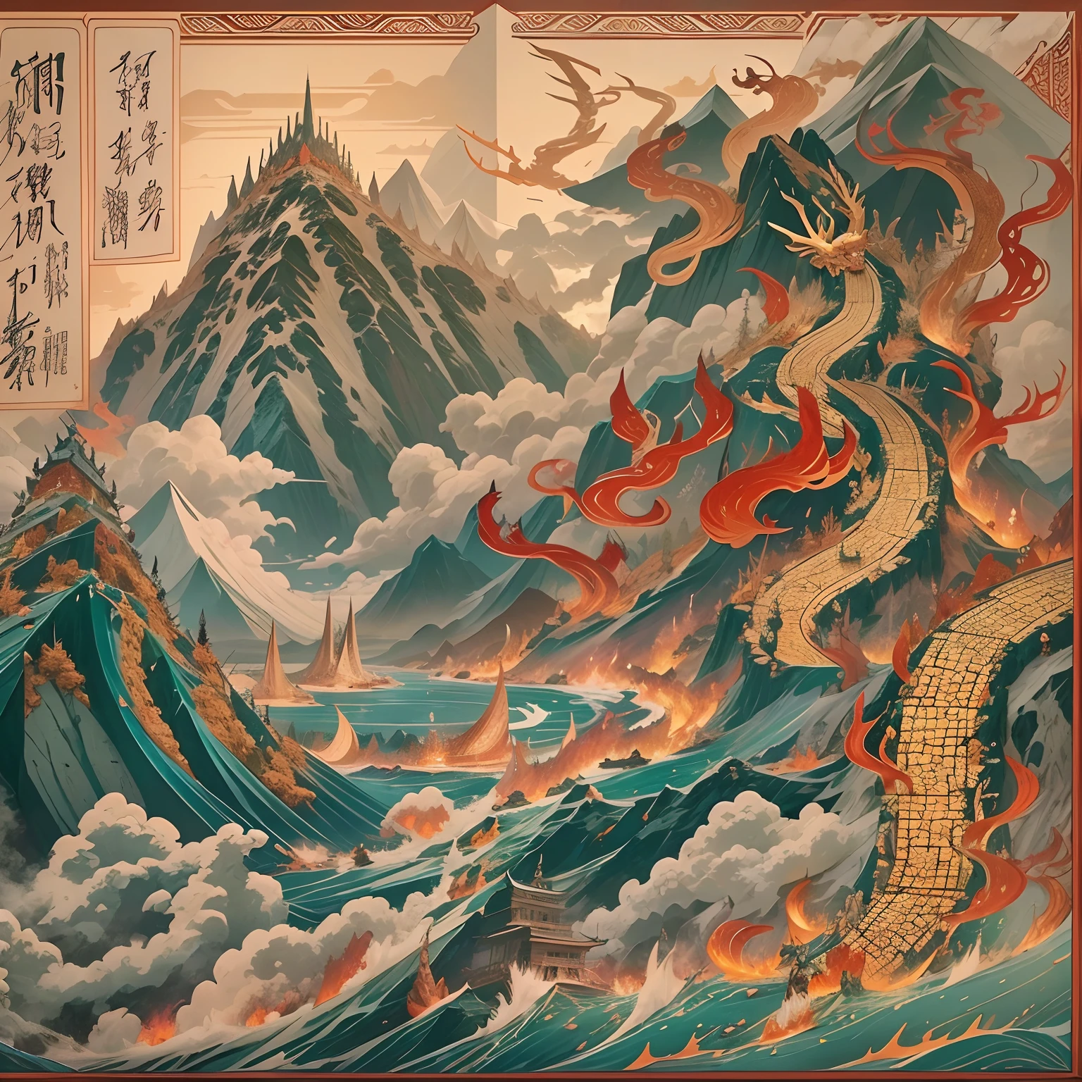 Mountain and Sea Sutra,《《《The Great Desolation Sutra》》》,Ancient legends,oriental mythology,Colorful magic,Ferocious scaly monster,Hell Demon,Golden scales,deer antlers,mane hair,beard,Claws,红眼闪✨发光