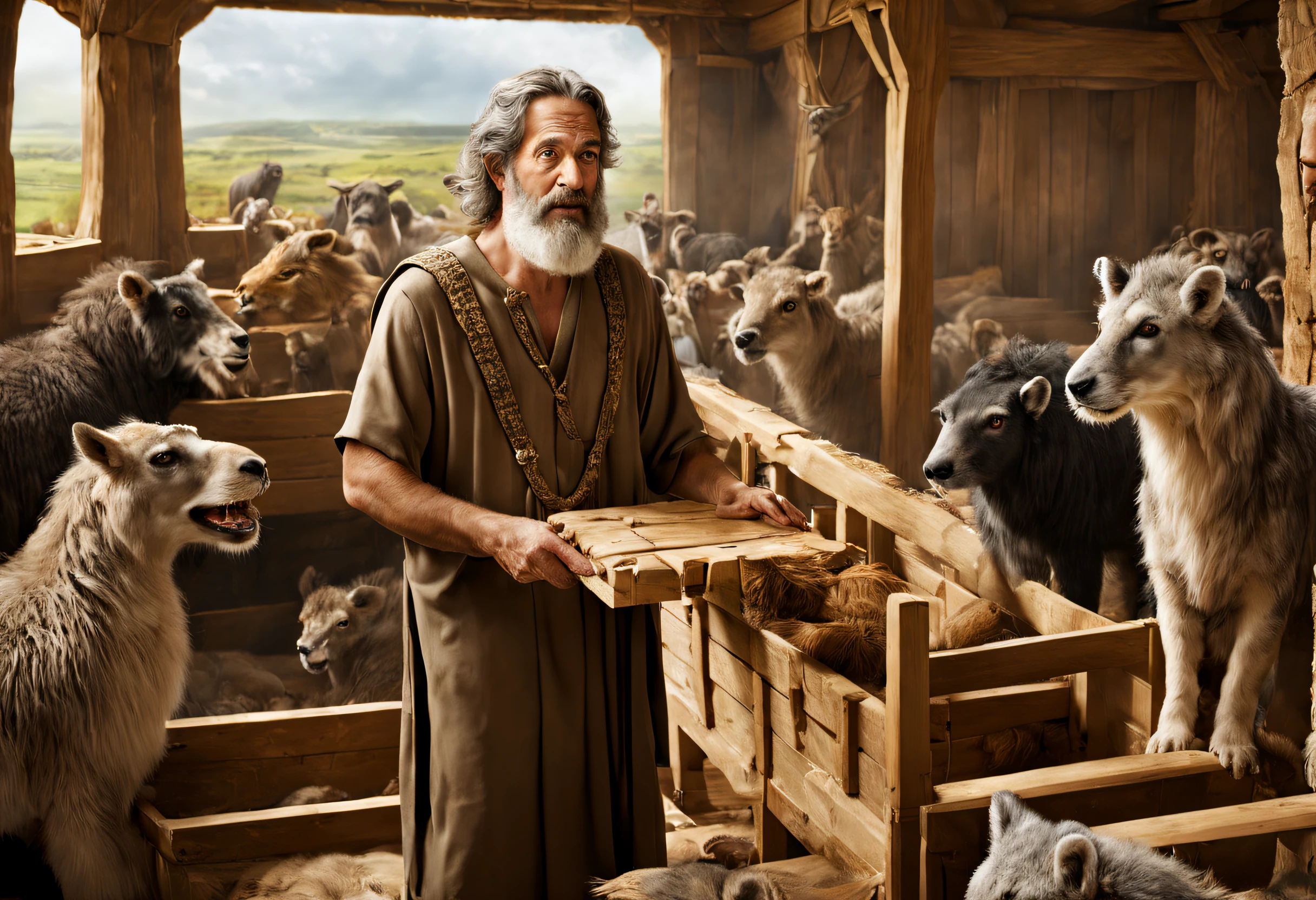 A man of Hebrew origin, dressed in a tunic, building Noah's great ark. He's putting in the last parts. The animals wait in pairs around him. A wonderful award-winning image