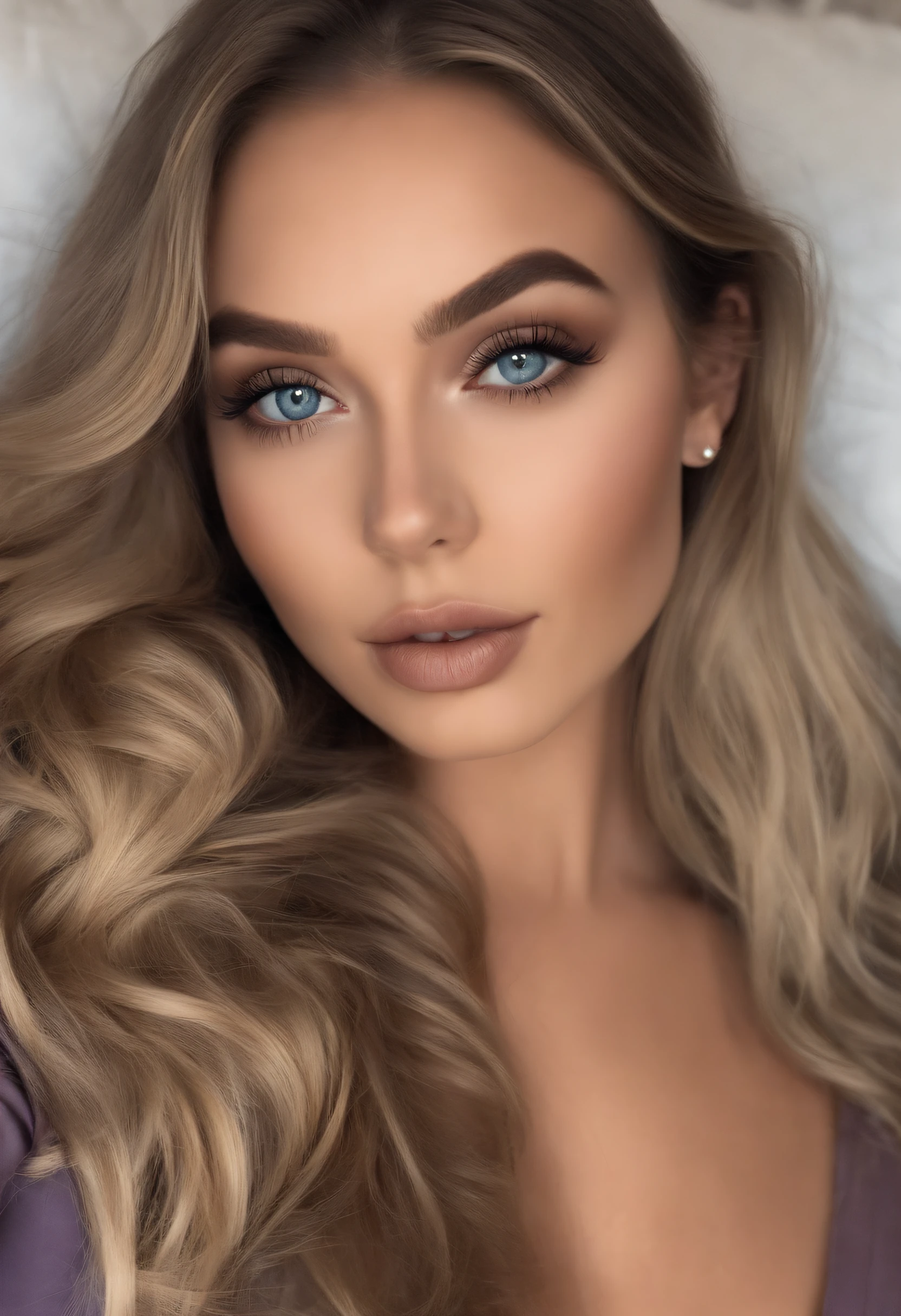 fully trimmed woman , sexy aux yeux bleus, ultra realistic, meticulously detailed, Portrait de Sophie Mudd, cheveux blonds et grands yeux bleus, Selfie d'une jeune femme, Yeux de chambre, Violette Myers, sans maquillage, Maquillage naturel, regarder directement la caméra, Visage avec Artgram, maquillage subtil, superbe photo de tout le corps à genoux sur le lit, no fourth, Medium to large bust