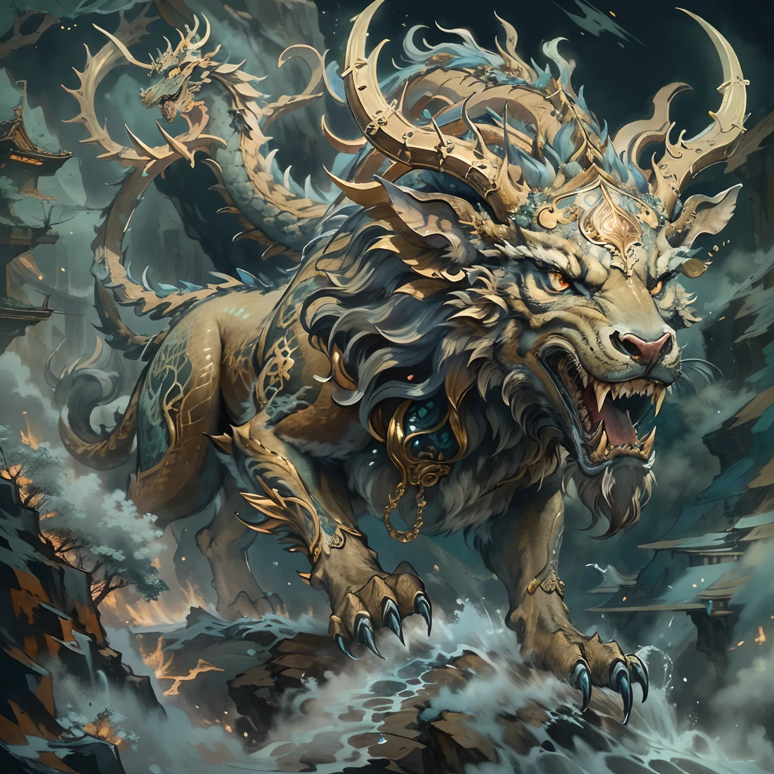 (Best quality,8K,A high resolution,Masterpiece:1.2),Ultra-detailed,(Realistic,Photorealistic,photo-realistic:1.37),Ancient beasts from hell,Chinese mythology,Mountain and Sea Sutra,the mountains and the sea,Ancient legends,mythological creatures,Sparkling golden scales,deer antlers,mane hair,Dragon whiskers,Sharp claws,beast of prey,buck teeth,sparkling big eyes, Intricate fantasy ink painting, Detailed fantasy ink illustration, fantasy highly detailed, beautiful detailed fantasy, magic fantasy highly detailed, highly detailed fantasy art, epic rivendell fantasy, japanese fantasy, detailed fantasy digital art, Chinese fantasy, detailed fantasy art,
