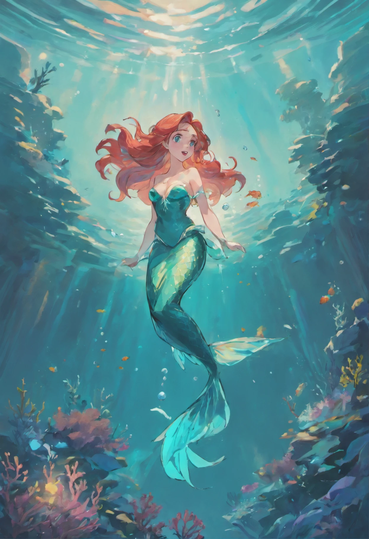 Little mermaid playing with big fish in the ocean, turqouis ocean, illustration style, bright colourful