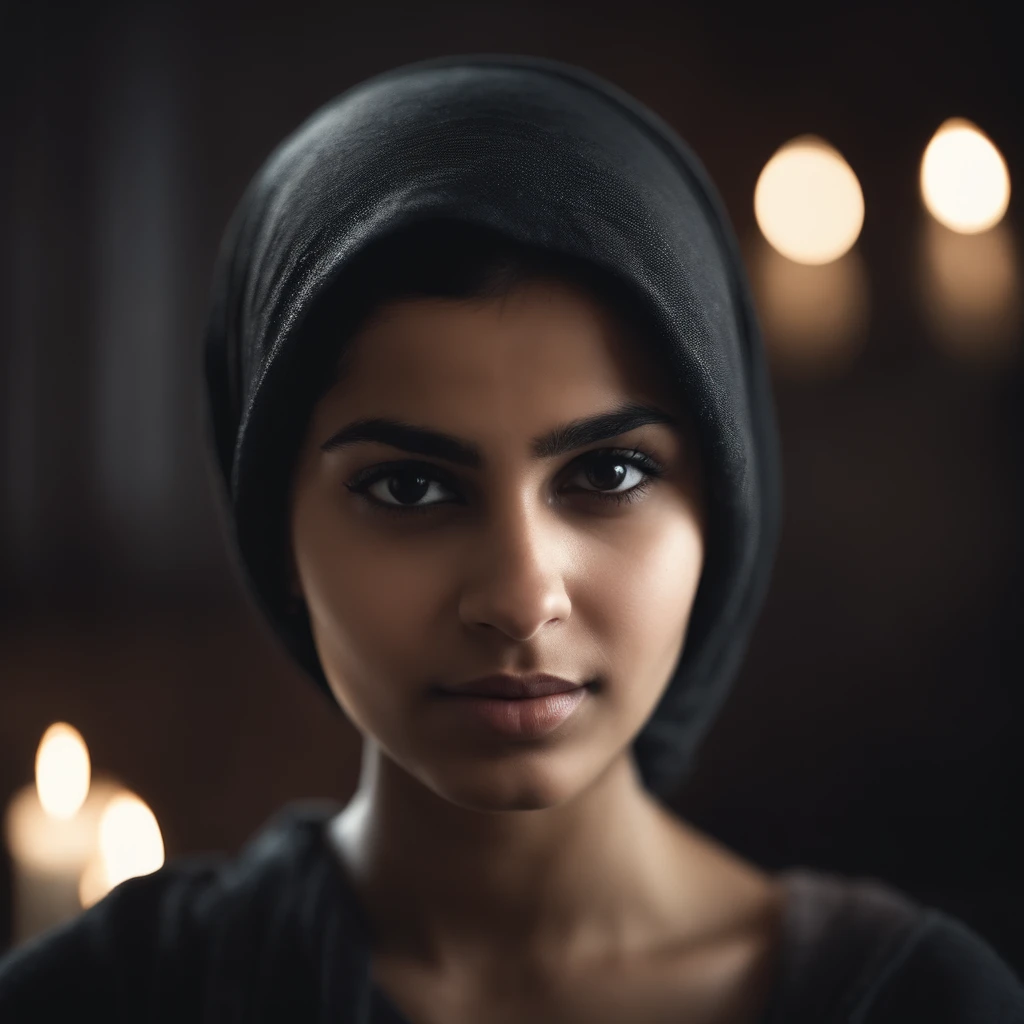 Realistic portrait of a Muslim girl, 19 year old, round face, white skin, short hair, black messy hair, black eyes