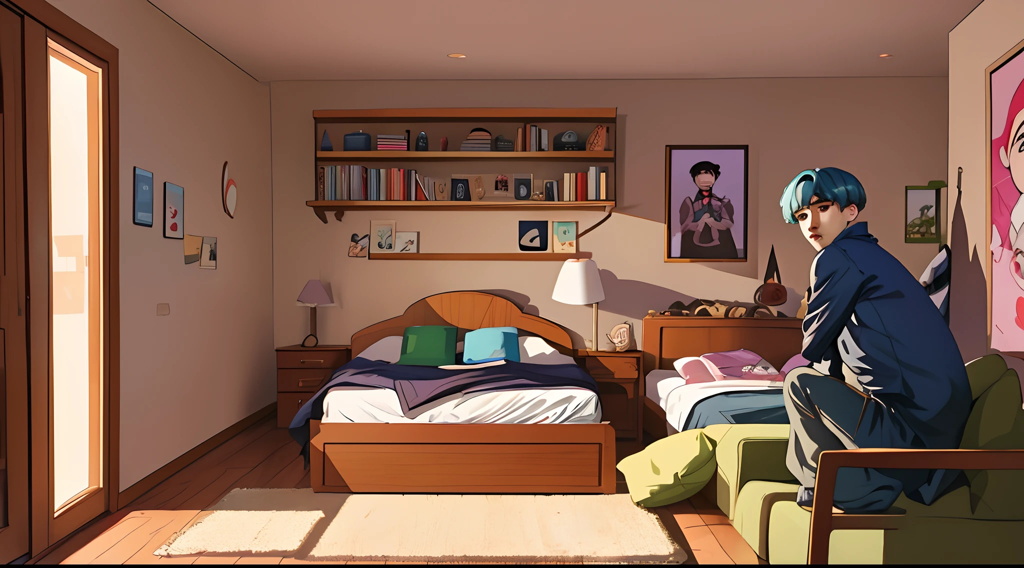 Kim taehyung do bts loiro ondulado tirando foto no espelho do quarto de noite