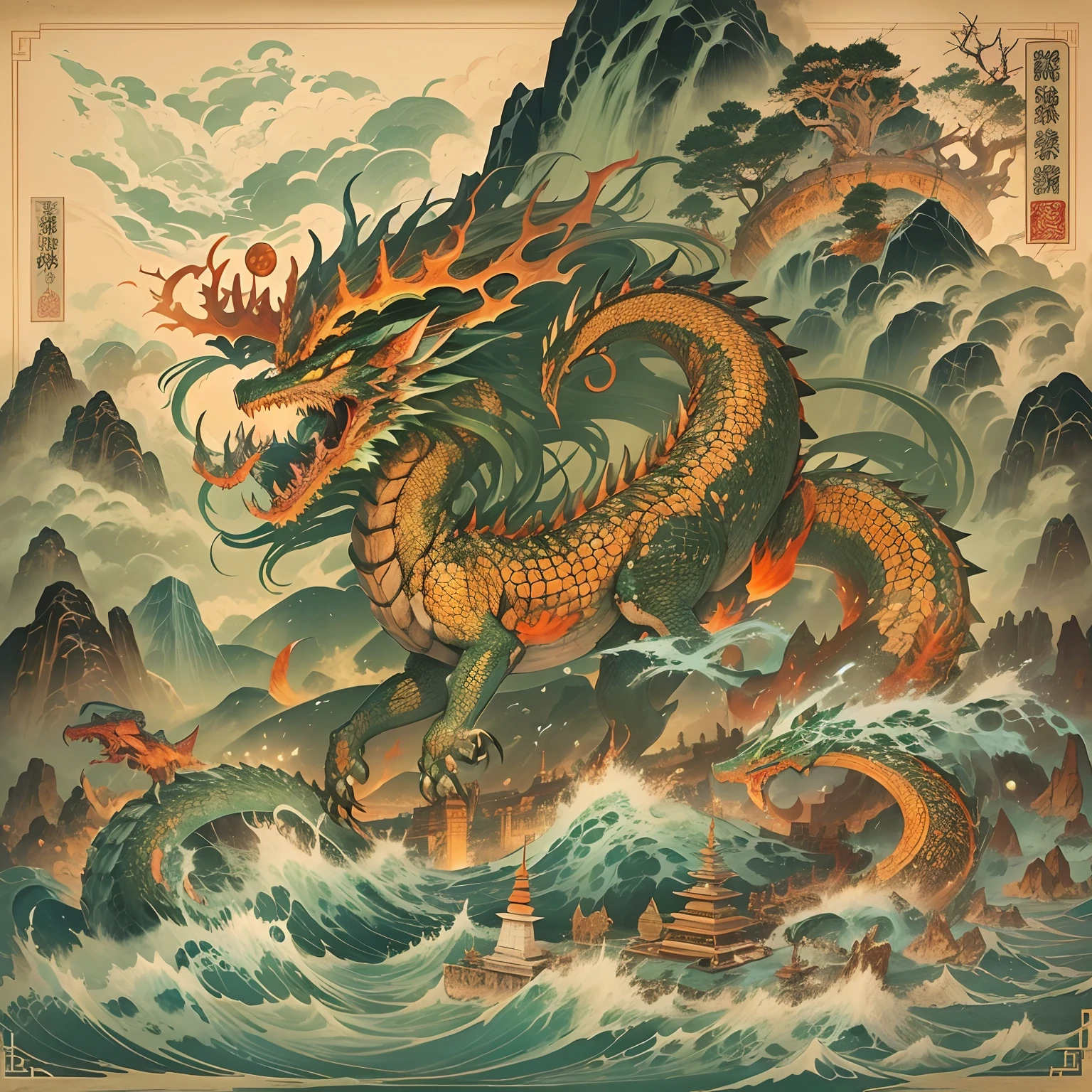 Mountain and Sea Sutra，《《The Great Desolation Sutra》》，Ancient legends，oriental mythology，Colorful magic，Ferocious scaly monster，Hell Demon，Golden scales，deer antlers，mane hair，Dragon whiskers，Claws，红眼闪✨发光