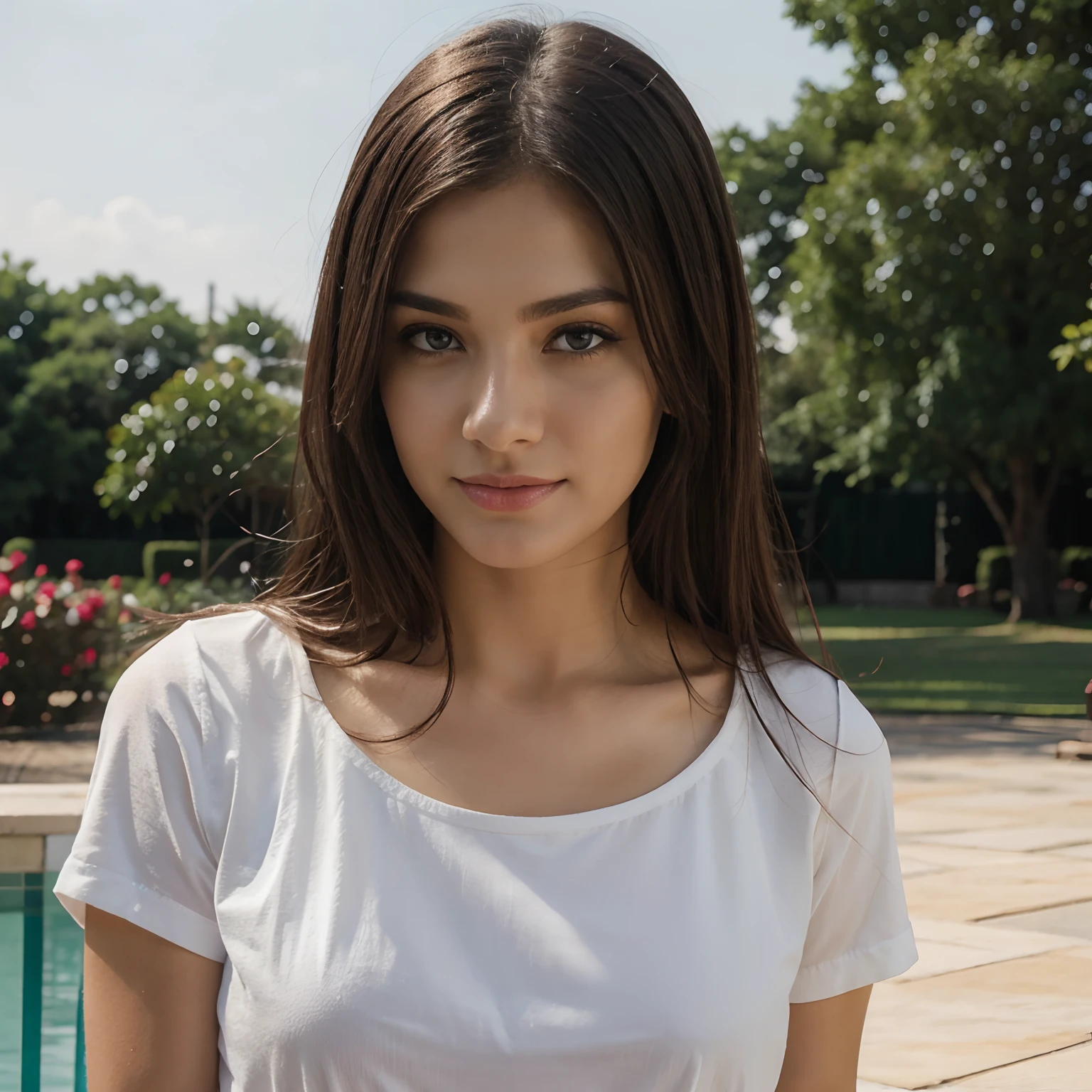 A close up of a woman standing near a pool with a white shirt - SeaArt AI