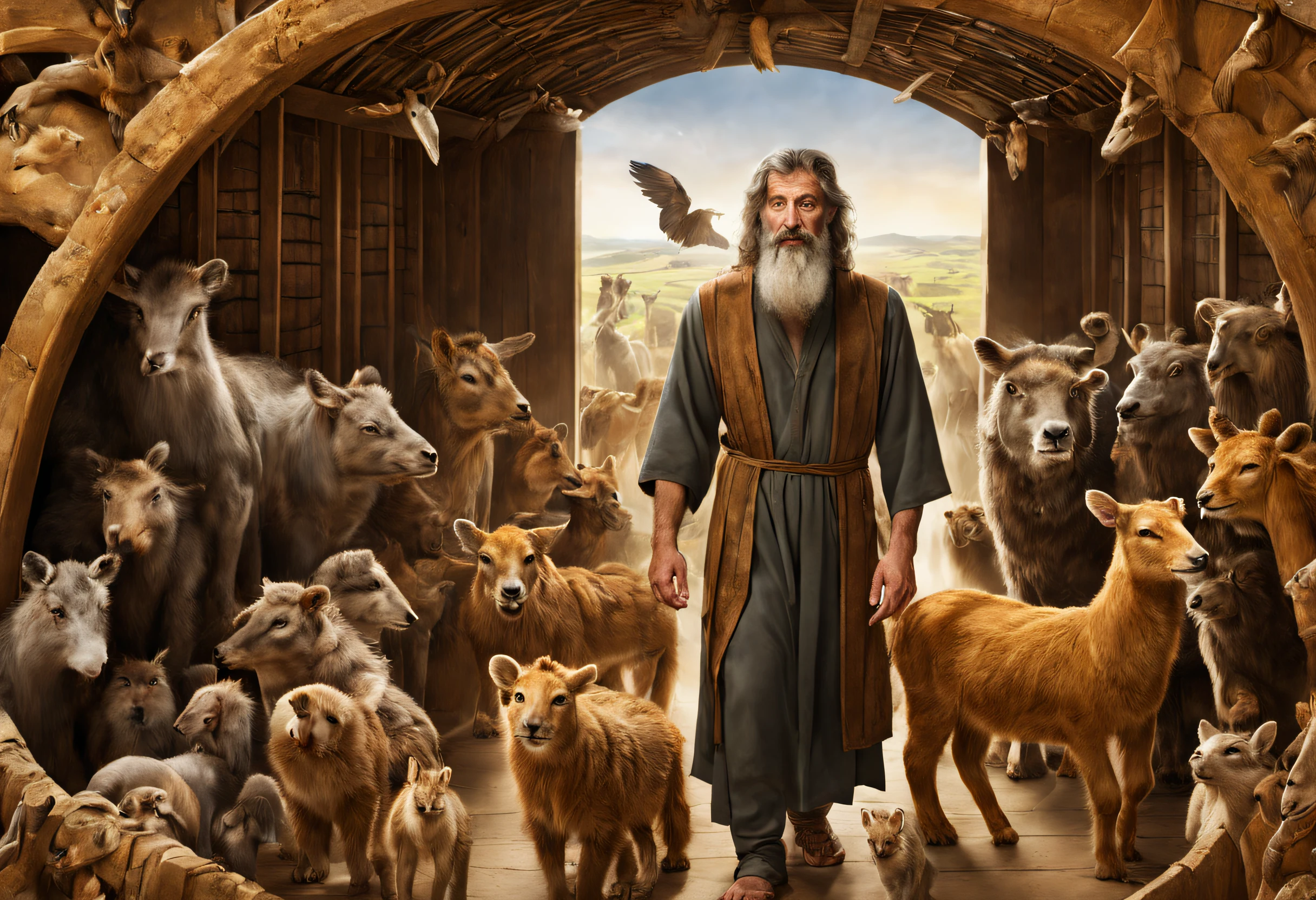 A man of Hebrew origin, dressed in a tunic, arranging the animals inside the ark. The animals are in pairs. A wonderful award-winning image of the biblical Noah's Ark scene