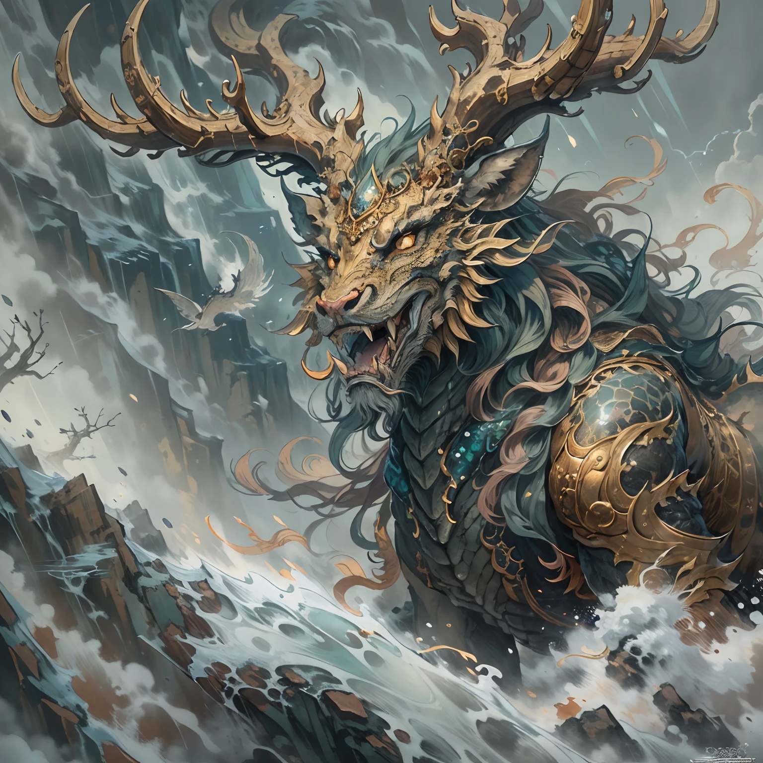 (Best quality,8K,A high resolution,Masterpiece:1.2),Ultra-detailed,(Realistic,Photorealistic,photo-realistic:1.37),Ancient beasts from hell，Chinese mythology，Mountain and Sea Sutra，the mountains and the sea,Ancient legends,mythological creatures,Sparkling golden scales,deer antlers,mane hair,Dragon whiskers,Sharp claws,beast of prey，buck teeth，sparkling big eyes， Intricate fantasy ink painting, Detailed fantasy ink illustration, fantasy highly detailed, beautiful detailed fantasy, magic fantasy highly detailed, highly detailed fantasy art, epic rivendell fantasy, japanese fantasy, detailed fantasy digital art, Chinese fantasy, detailed fantasy art,