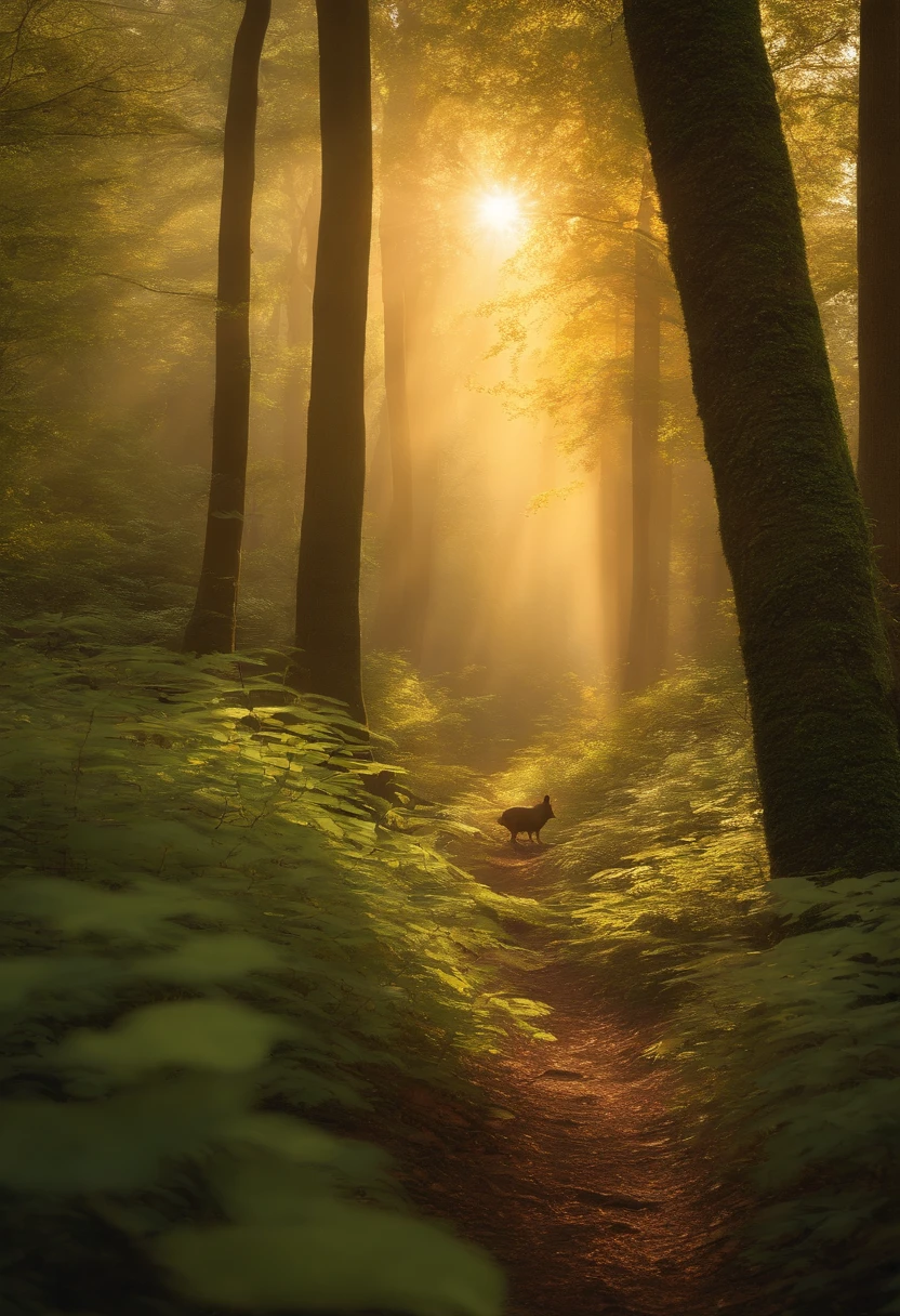 Visualize an ultra-photorealistic image of a dense forest bathed in the soft glow of sunlight filtering through the canopy. The image should capture the play of light and shadow on the foliage and forest floor, with rabbits and squirrels frolicking amidst the undergrowth. The forest should be teeming with life, the air filled with the sounds of rustling leaves and chirping birds. Use a high-resolution 32k camera with a 16:9 aspect ratio, a raw style, and a quality setting of 2. –ar 16:9 –v 5.2 –style raw –q 2 –s 750