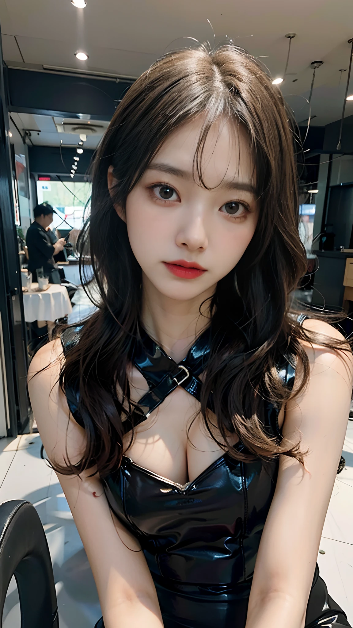 Slender Asian girl, Kpop idol, ((latex underwear)), ((Qualidade Superior, 8k, master part: 1.3)), foco nítido: 1.2, Mulher bonita com figura perfeita: 1.4, Textura altamente detalhada do rosto e da pele, Olhos detalhados, BDSM, escravo, vestido de borracha, magro, beautiful face, symmetrical face, Breasts are visible