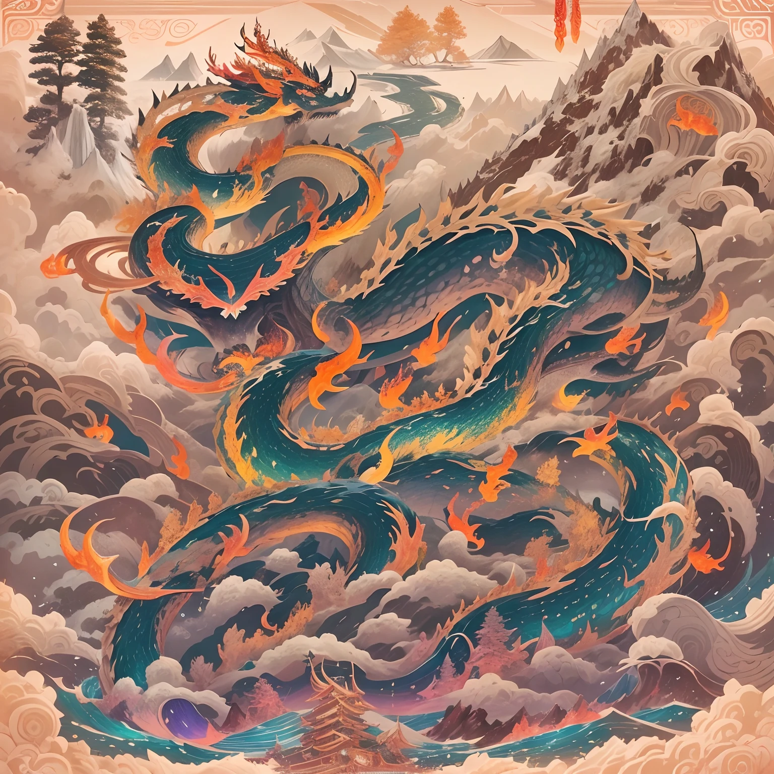 Mountain and Sea Sutra，《The Great Desolation Sutra》，Ancient legends，oriental mythology，Colorful magic，Ferocious scaled monsters，Golden scales，deer antlers，mane hair，Dragon whiskers，Claws，红眼闪✨发光