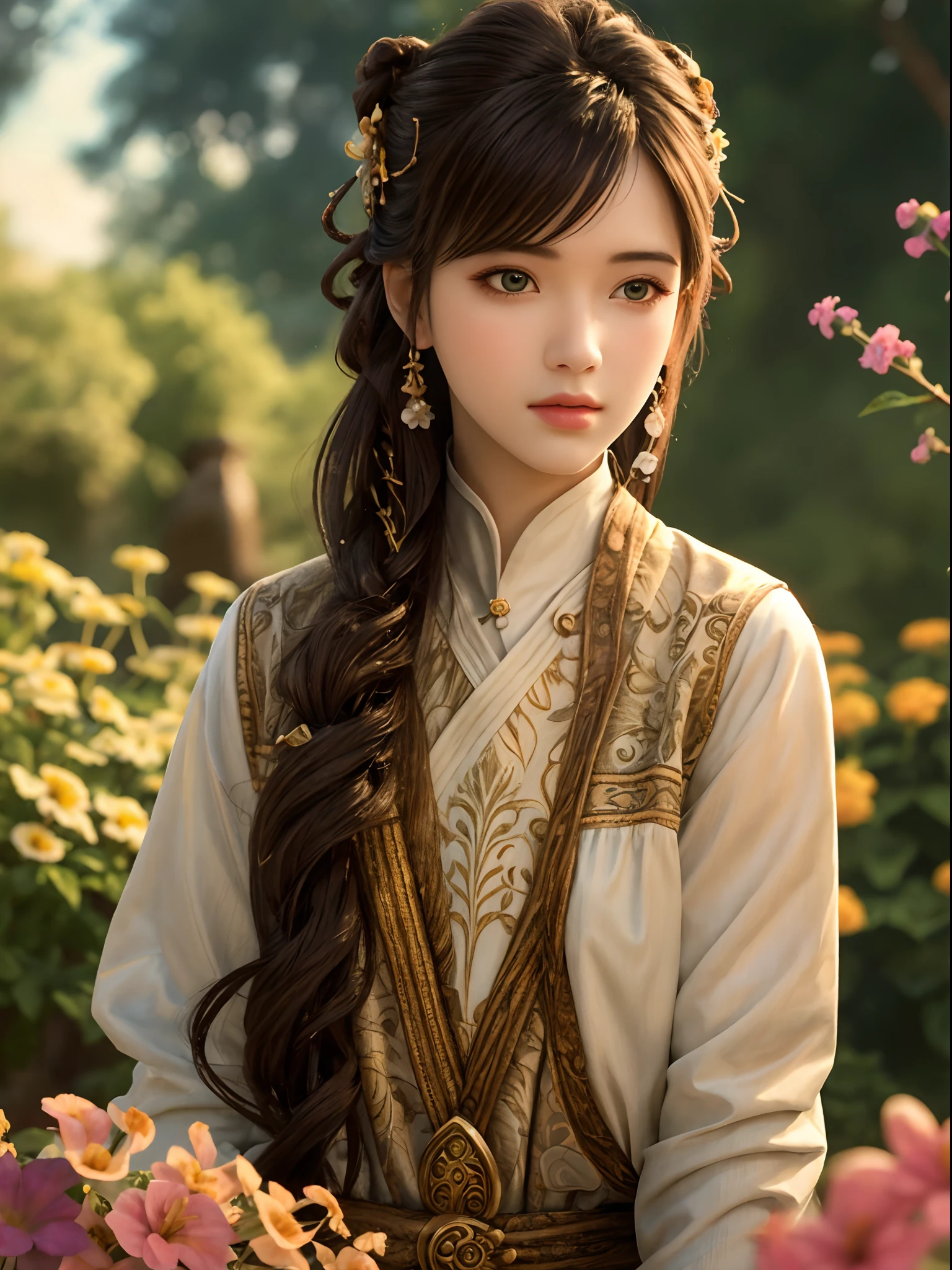 girl's eyes, girl's nose, girl's lips, snake's body, garden background, realistic style, vibrant colors, soft lighting, high resolution, detailed textures, girl's long hair, snake's scales, girl's dress, beautiful flowers, serene atmosphere, girl's delicate features