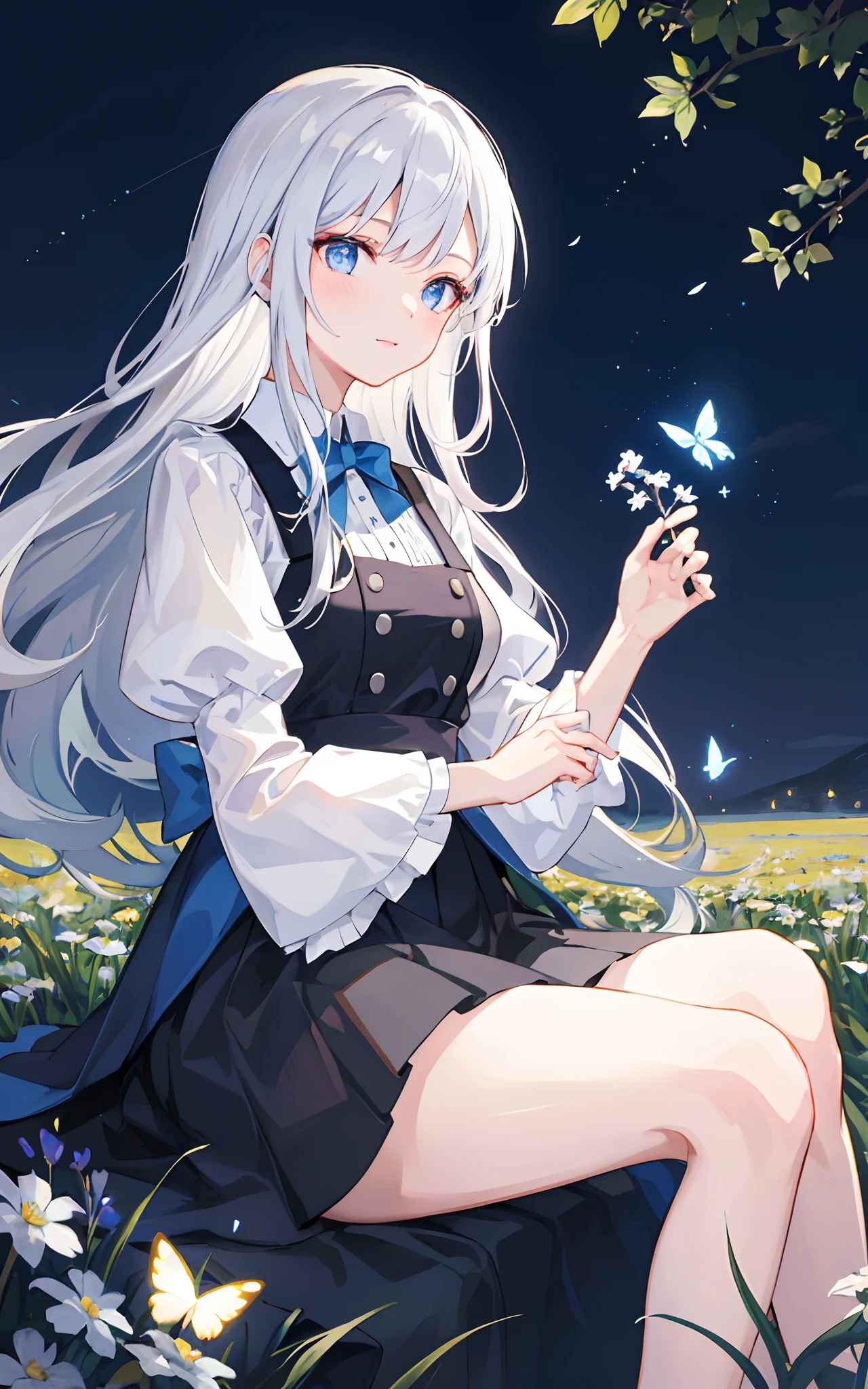 ((masterpiece: 1.4, best quality)), 1 girl, field of flowers, White flowers, scenario, shooting stars,  light particles, White dress, silver hair, long hair, bug, bright butterflies:1.1, blue eyes, seated, holding flowers, night, looking away, long hair, puffy short sleeves, stars, black clouds, ultra-detailed, beautiful eyes, outdoors, night sky, beside, bright flowers,