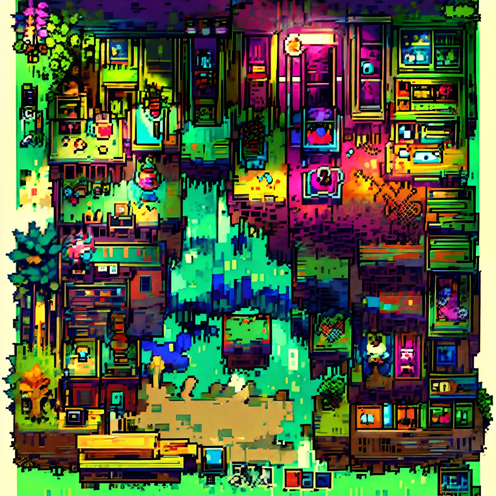 Pixel art, game items like Terraria, colorful, various, displayed,