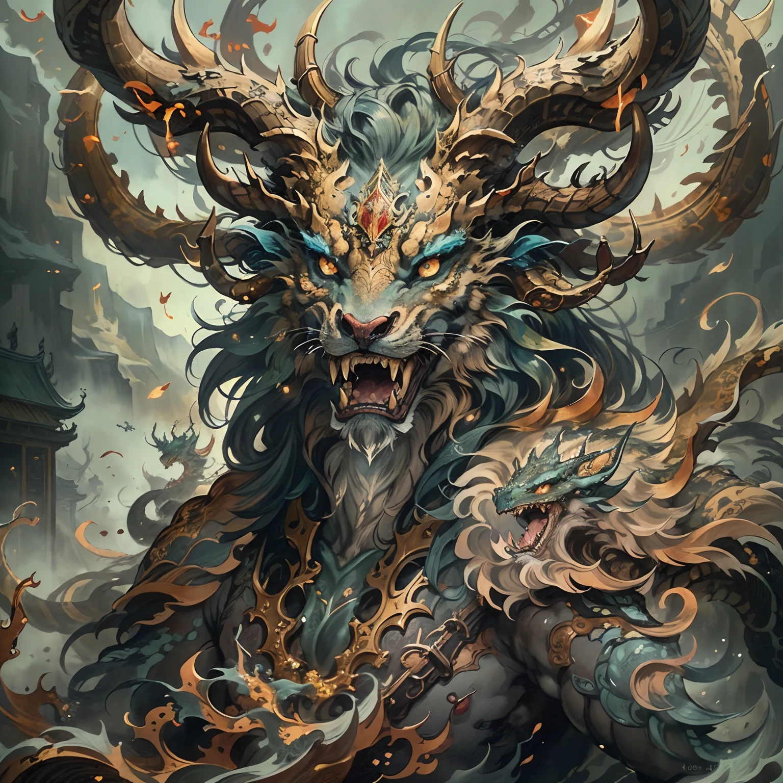 (Best quality,8K,A high resolution,Masterpiece:1.2),Ultra-detailed,(Realistic,Photorealistic,photo-realistic:1.37),Ancient beasts from hell，Chinese mythology，Mountain and Sea Sutra，the mountains and the sea,Ancient legends,mythological creatures,Sparkling golden scales,deer antlers,mane hair,Dragon whiskers,Sharp claws,beast of prey，buck teeth，sparkling big eyes， Intricate fantasy ink painting, Detailed fantasy ink illustration, fantasy highly detailed, beautiful detailed fantasy, magic fantasy highly detailed, highly detailed fantasy art, epic rivendell fantasy, japanese fantasy, detailed fantasy digital art, Chinese fantasy, detailed fantasy art,