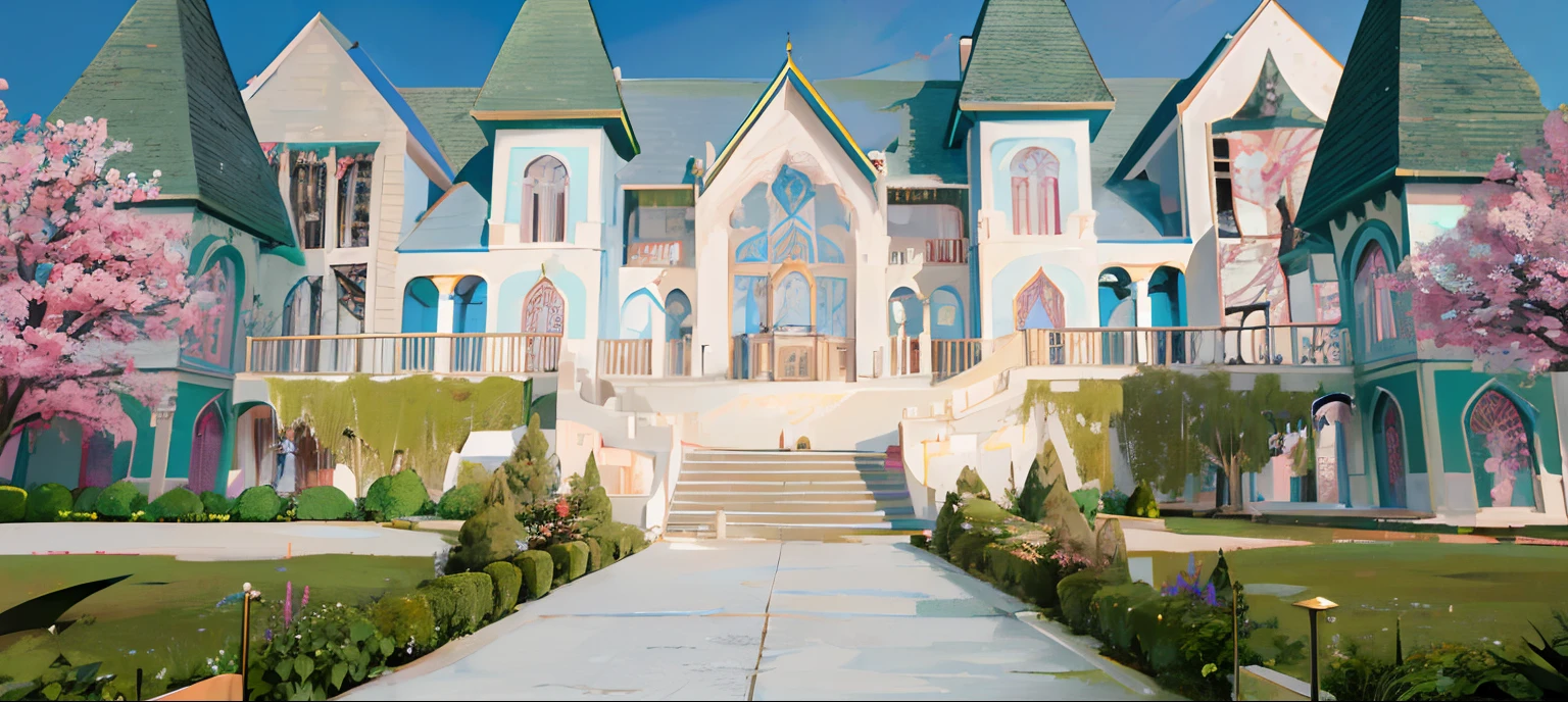 there is a large house with a lot of windows and a lot of trees, inside her surreal vr castle, vaporwave mansion, beautiful render of a fairytale, unreal 5 engine highlly render, custom modern castle, luxury castle, gothic mansion, castle setting, realistic fantasy render, ornate retreat, in a candy land style house, rendered in unreal 5