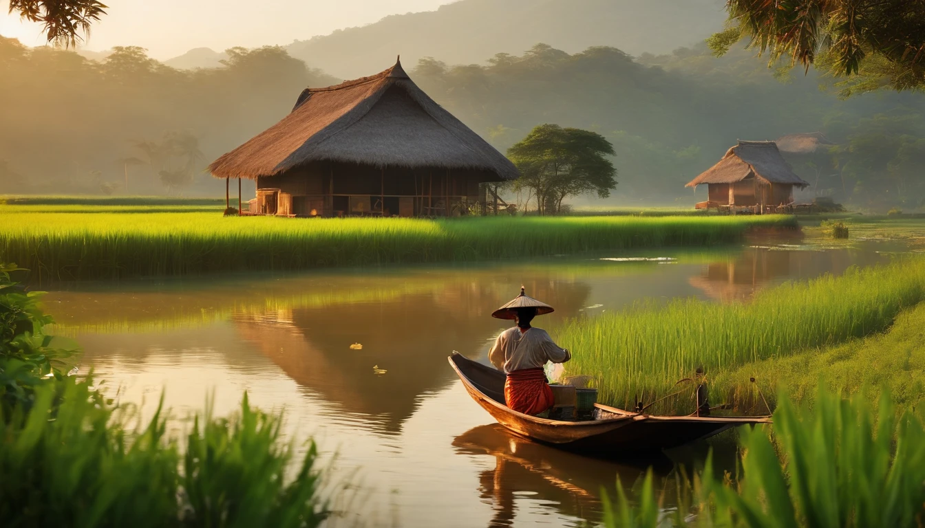 A stilt house with a thatched roof, traditional Vietnamese architecture, bamboo structure, wooden planks, birds flying above, a peaceful village, morning mist, vibrant green rice fields, calm river, wooden pier, women wearing conical hats, traditional clothing, children playing, a fishing boat, blooming lotus flowers, herbal garden, smoke rising from a traditional cooking stove, warm sunlight, soft shadows, a sense of tranquility and harmony. (best quality,4k,8k,highres,masterpiece:1.2),ultra-detailed,(realistic,photorealistic,photo-realistic:1.37),indigenous culture,historical,serene,traditional crafts,pastoral scenery,ethereal beauty,rich heritage,living traditions,harmonious architecture,vibrant nature,peaceful community,brisk morning,traditional lifestyle,vivid colors,nostalgic atmosphere,natural materials,rural charm