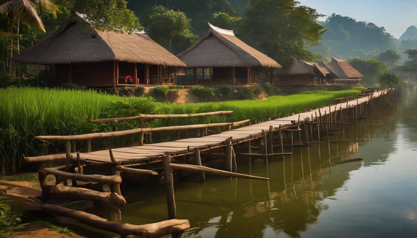 A stilt house with a thatched roof, traditional Vietnamese architecture, bamboo structure, wooden planks, birds flying above, a peaceful village, morning mist, vibrant green rice fields, calm river, wooden pier, women wearing conical hats, traditional clothing, children playing, a fishing boat, blooming lotus flowers, herbal garden, smoke rising from a traditional cooking stove, warm sunlight, soft shadows, a sense of tranquility and harmony. (best quality,4k,8k,highres,masterpiece:1.2),ultra-detailed,(realistic,photorealistic,photo-realistic:1.37),indigenous culture,historical,serene,traditional crafts,pastoral scenery,ethereal beauty,rich heritage,living traditions,harmonious architecture,vibrant nature,peaceful community,brisk morning,traditional lifestyle,vivid colors,nostalgic atmosphere,natural materials,rural charm
