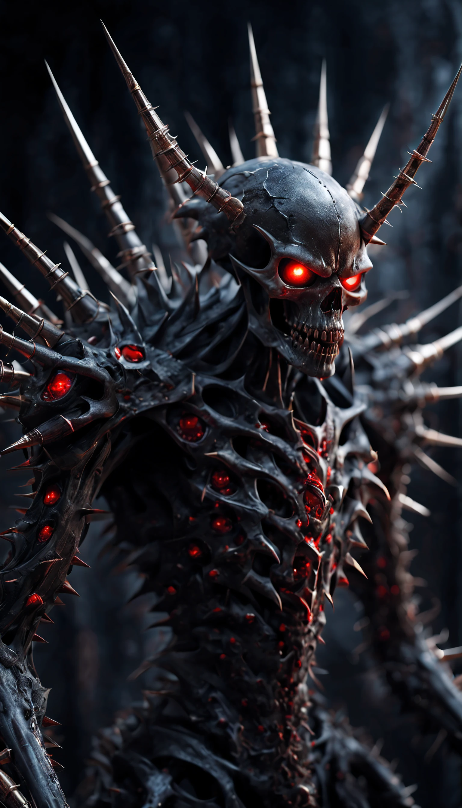 breathtaking cinematic science fiction photo,  metal skin, body full of long metal spikes, glowing red eyes, eyes deep in skull, multifaceted eyes, four long metallic arms, pointy sharp fingers,  extremely menacing creature, highly detailed, award-winning