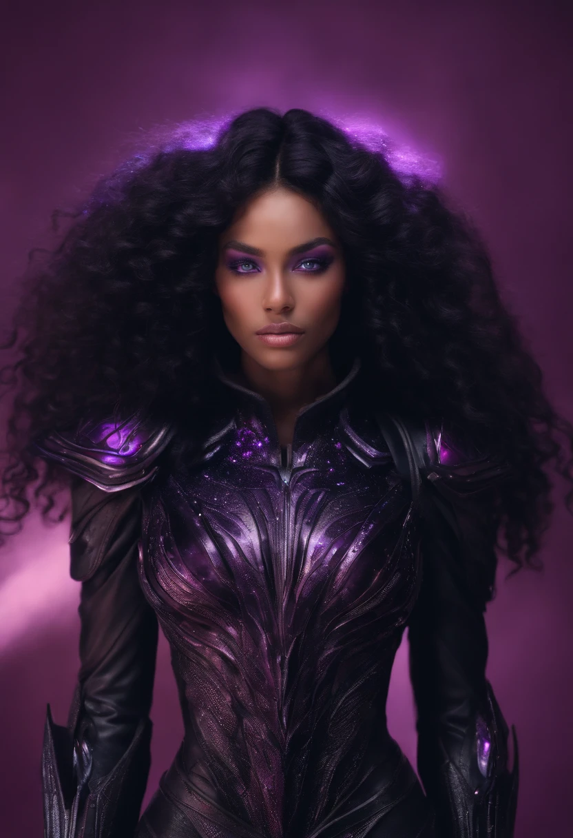 a woman with wavy black hair and purple eyes, black alien armor, freckles, blush, eyeshadow, cute face