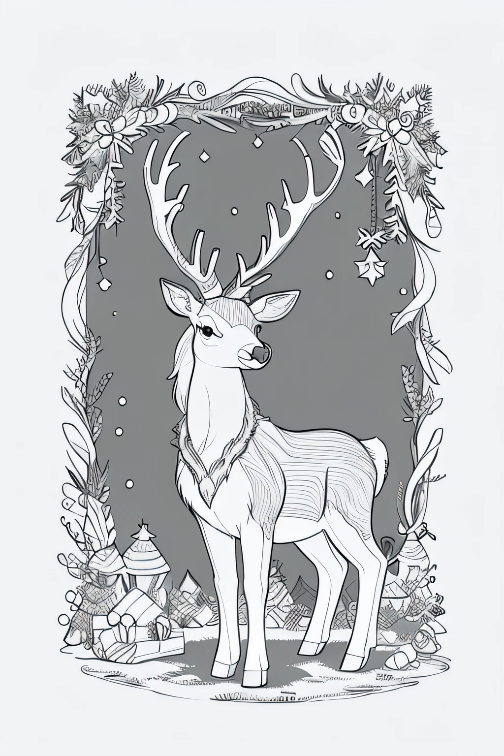 rudolph the reindeer coloring pages, lineart inspired by Rudolph F. Ingerle, pixabay, folk art, an anthropomorphic deer, anthropomorphic deer, 2 d, 2d, holiday season, no gradients, drawn with photoshop, anthropomorphic female deer, coloring pages, christmas, cel shaded vector art, coloring book page