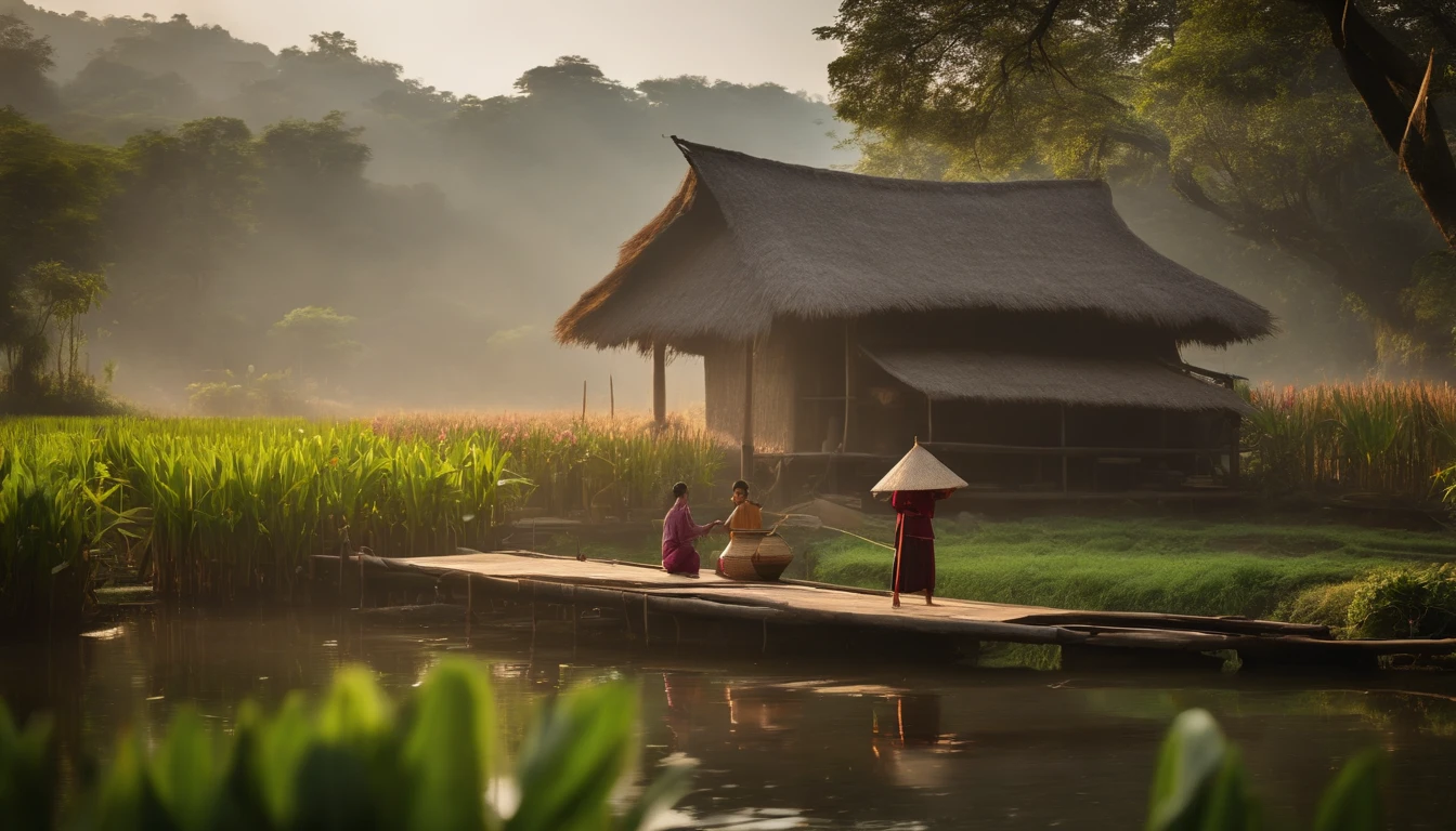 A stilt house with a thatched roof, traditional Vietnamese architecture, bamboo structure, wooden planks, birds flying above, a peaceful village, morning mist, vibrant green rice fields, calm river, wooden pier, women wearing conical hats, traditional clothing, children playing, a fishing boat, blooming lotus flowers, herbal garden, smoke rising from a traditional cooking stove, warm sunlight, soft shadows, a sense of tranquility and harmony. (best quality,4k,8k,highres,masterpiece:1.2),ultra-detailed,(realistic,photorealistic,photo-realistic:1.37),indigenous culture,historical,serene,traditional crafts,pastoral scenery,ethereal beauty,rich heritage,living traditions,harmonious architecture,vibrant nature,peaceful community,brisk morning,traditional lifestyle,vivid colors,nostalgic atmosphere,natural materials,rural charm