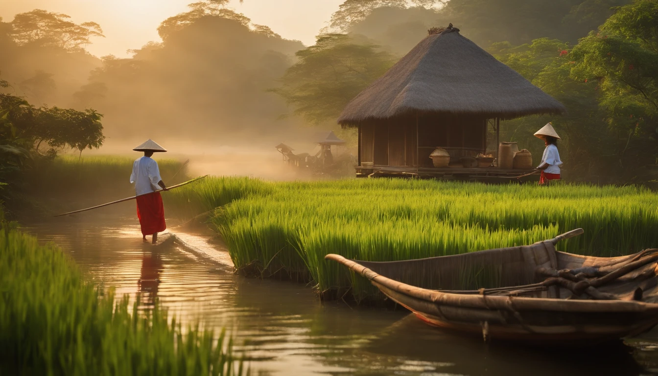 A stilt house with a thatched roof, traditional Vietnamese architecture, bamboo structure, wooden planks, birds flying above, a peaceful village, morning mist, vibrant green rice fields, calm river, wooden pier, women wearing conical hats, traditional clothing, children playing, a fishing boat, blooming lotus flowers, herbal garden, smoke rising from a traditional cooking stove, warm sunlight, soft shadows, a sense of tranquility and harmony. (best quality,4k,8k,highres,masterpiece:1.2),ultra-detailed,(realistic,photorealistic,photo-realistic:1.37),indigenous culture,historical,serene,traditional crafts,pastoral scenery,ethereal beauty,rich heritage,living traditions,harmonious architecture,vibrant nature,peaceful community,brisk morning,traditional lifestyle,vivid colors,nostalgic atmosphere,natural materials,rural charm
