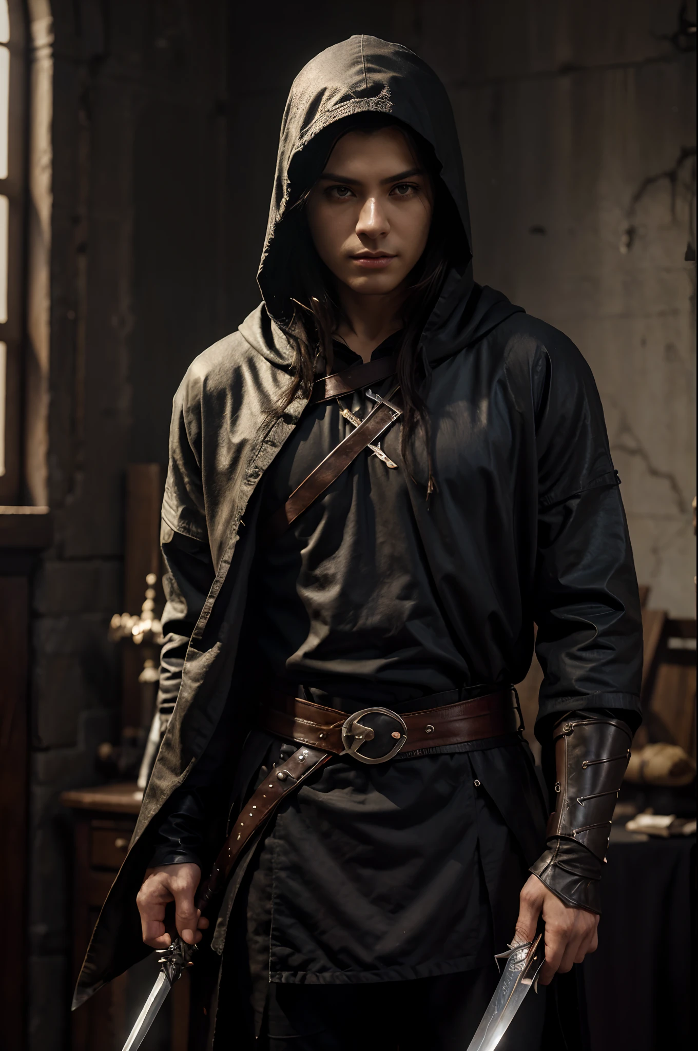 8K,Top Quality Photorealistic RAW Photo Hooded Clothes Alafed Man Holding Sword and Sword、Elegant male assassin、Female Assassin、Portrait Ezio Auditore as a man、Gways style artwork、Cheng Wei Pan at Art Station、Alina Aenami and Altgerm、Altgerm and Atei Geiran、Beautiful character paintings by Jan J.、Stunning character art