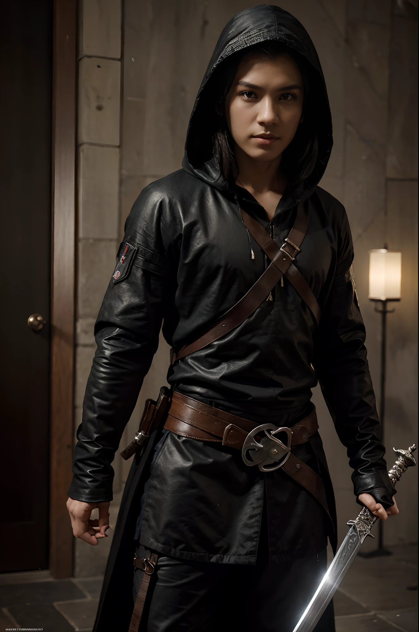 8K,Top Quality Photorealistic RAW Photo Hooded Clothes Alafed Man Holding Sword and Sword、Elegant male assassin、Female Assassin、Portrait Ezio Auditore as a man、Gways style artwork、Cheng Wei Pan at Art Station、Alina Aenami and Altgerm、Altgerm and Atei Geiran、Beautiful character paintings by Jan J.、Stunning character art