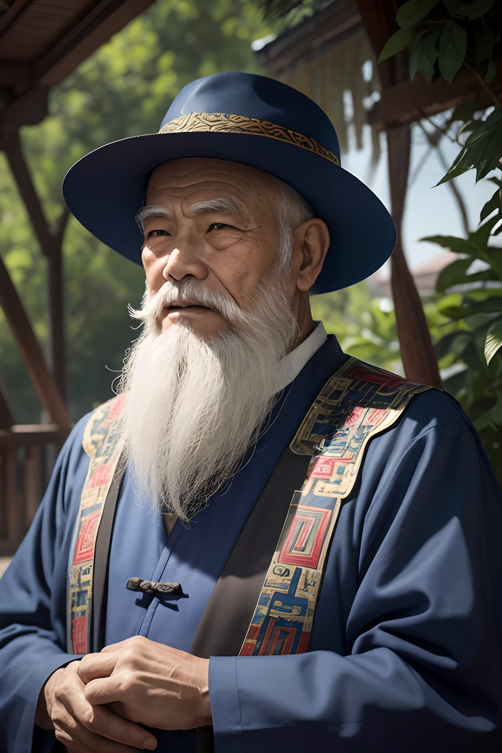 An old man with Chinese traditional thinking,Fotos frontais reais,Authentic background,The backdrop is nature,Segurando um livro,roupas desgastadas,Rosto cheio de rugas,Homem de 80 anos,wise eyes,The beard is white,Pessoas do sexo masculino,estilo campestre