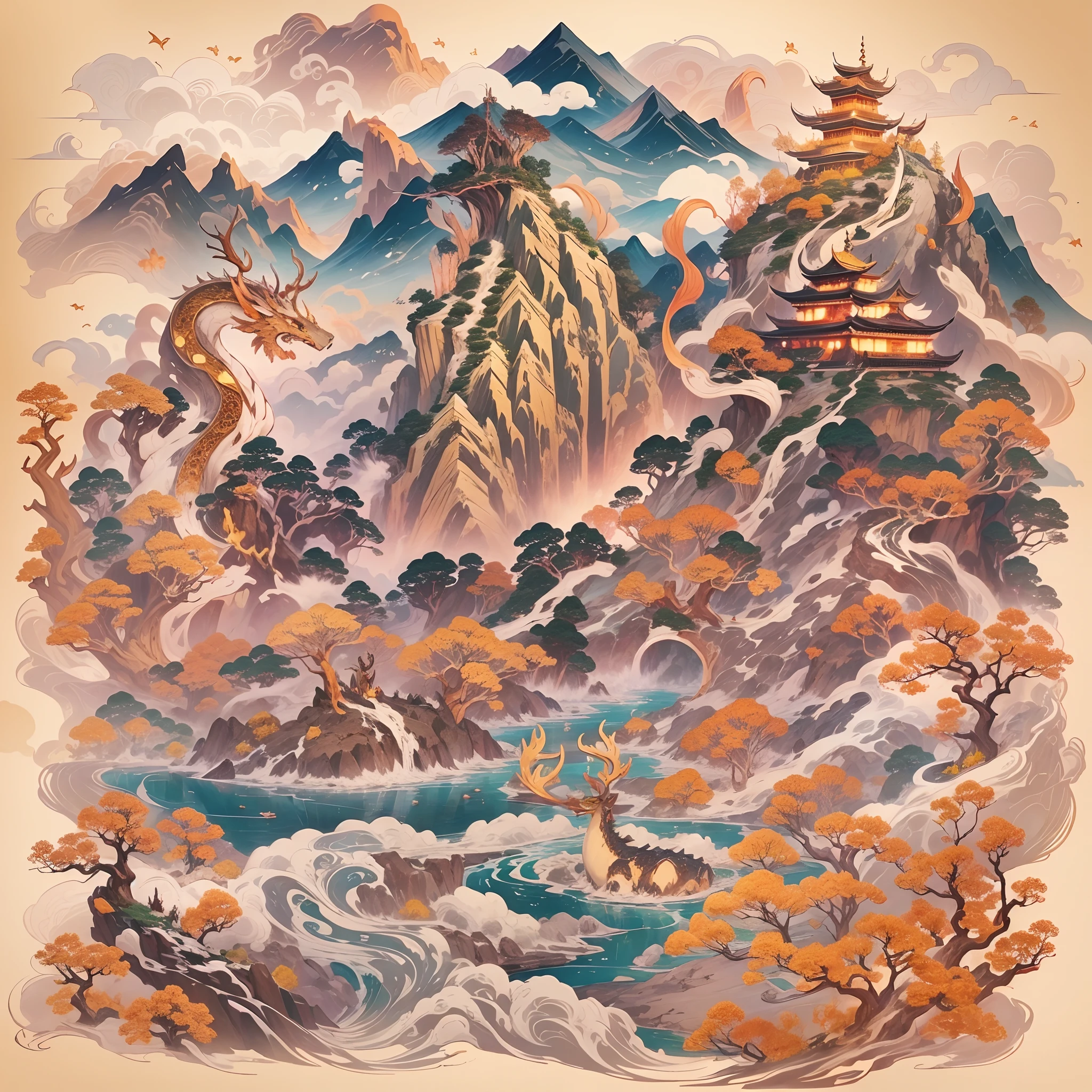 Mountain and Sea Sutra，The Great Desolation Sutra，Ancient legends，oriental mythology，Colorful magic，Cute beast，Golden scales，deer antlers，Lion's mane，Dragon whiskers，Claws，Big eye flash✨