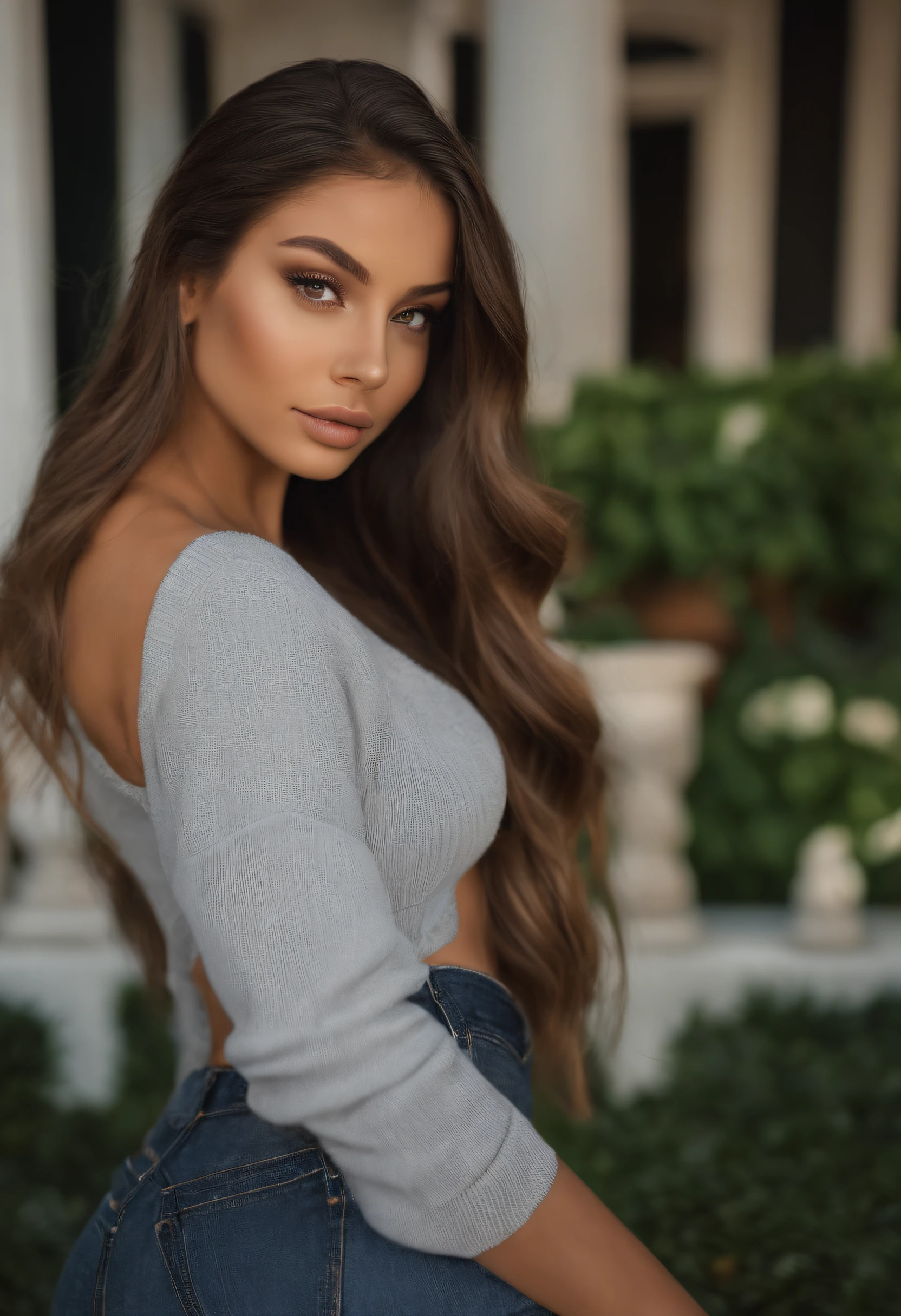 Latina woman completely , Sexy girl with ultra realistic green eyes, Meticulously detailed, Portrait Sophie Mudd, cheveux noirs et grands yeux, Selfie d'une jeune femme, Yeux de chambre, Violet Myers, sans maquillage, maquillage naturel, looking straight at camera , Visage avec Art gram, Maquillage subtil, Stunning photo of the whole body standing in front of a swimming pool Bust of medium size to large beautiful shape