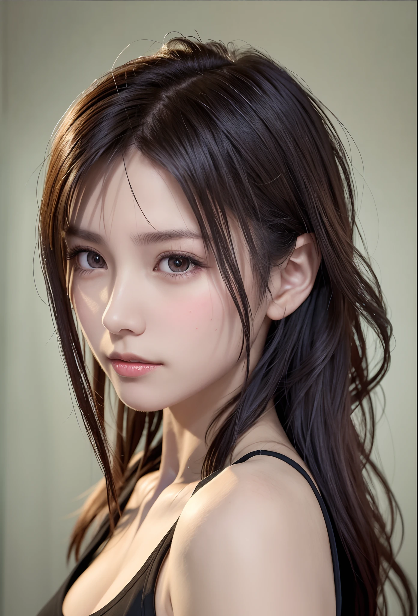 high quality picture, masutepiece, detailed hair texture, Detailed skin texture, Detailed Cloth Texture, 8K, Add fabric details, ultra detailed skin texture, ultra detailed photographic, Skin pores, Portrait of a girl, wearing tank top,