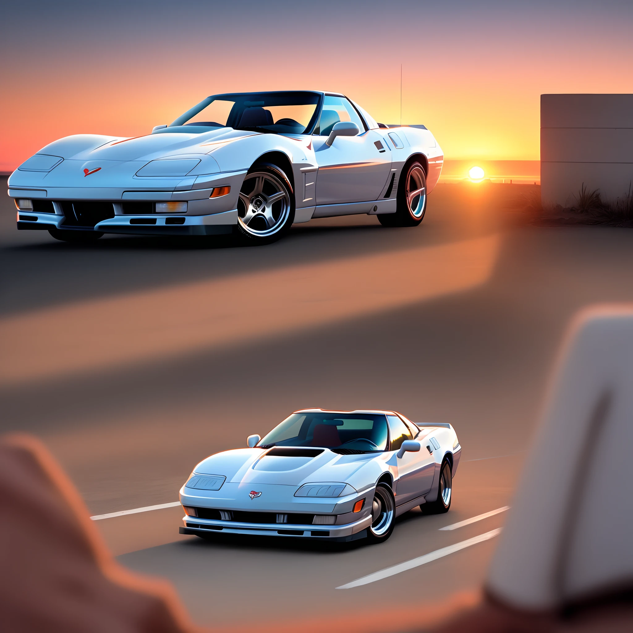 White 1996 C4 Corvette retrowave sunset