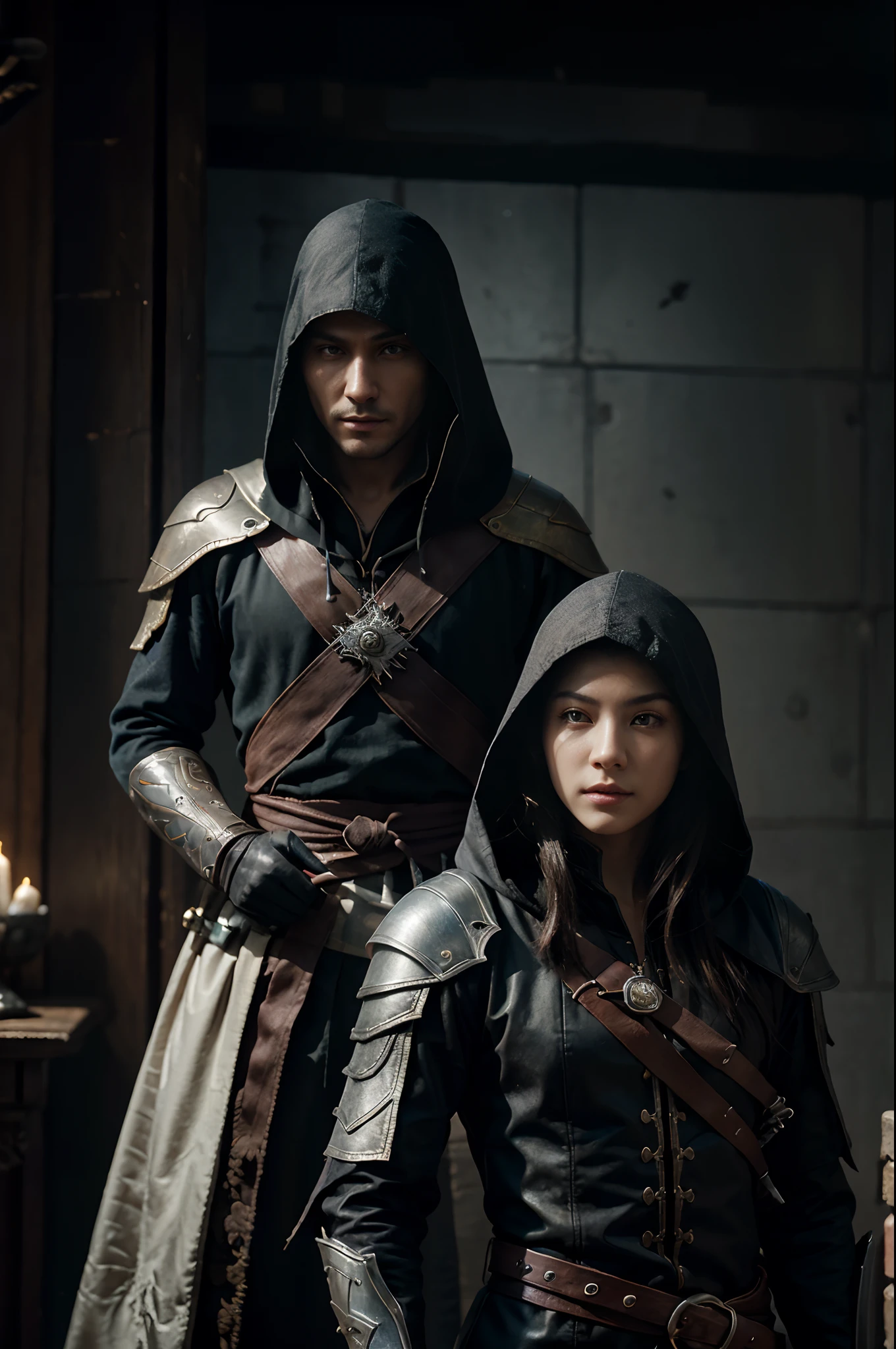 Alafed Man with a hooded clothing sword and sword、Elegant Male Assassin、female assassin with、Portrait as a man Ezio Auditore、Gways style artwork、Cheng Wei Pan at Art Station、Alina Aenami and Altgarm、Altgerm and Ateigairan、Jan J.Beautiful character paintings by、Stunning character art