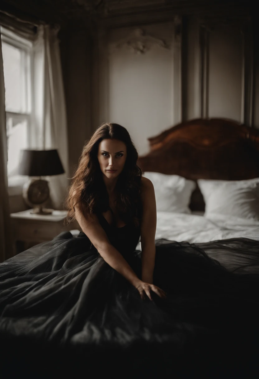 Arafed woman lying on bed with white sheets and black shirt, Evanescence, Morgana, still from a music video, youtube video screenshot, Olhos do quarto, deitado, olhar sedutor, she is laying on her back, deitado na cama, videoclipe, deitado na cama, deitada de costas em uma cama, Vampiro verde Eva bonita, ela tem os olhos cansados, Amy Lee from Evanescence Band, porn, no bra, no underwear, nude, breasts, body, sex, vagina, photorealistic, (high definition skin: 1.2)