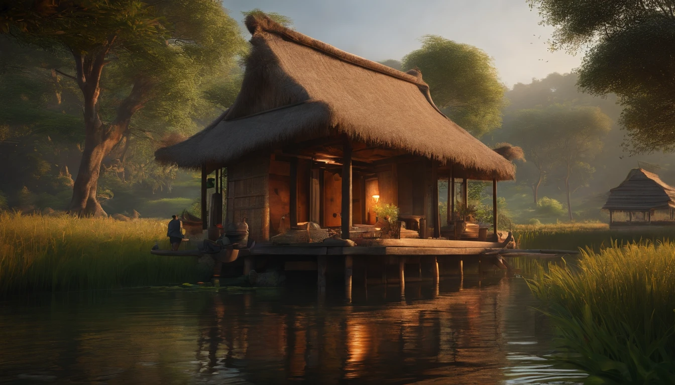A stilt house with a thatched roof, traditional Vietnamese architecture, bamboo structure, wooden planks, birds flying above, a peaceful village, morning mist, vibrant green rice fields, calm river, wooden pier, women wearing conical hats, traditional clothing, children playing, a fishing boat, blooming lotus flowers, herbal garden, smoke rising from a traditional cooking stove, warm sunlight, soft shadows, a sense of tranquility and harmony. (best quality,4k,8k,highres,masterpiece:1.2),ultra-detailed,(realistic,photorealistic,photo-realistic:1.37),indigenous culture,historical,serene,traditional crafts,pastoral scenery,ethereal beauty,rich heritage,living traditions,harmonious architecture,vibrant nature,peaceful community,brisk morning,traditional lifestyle,vivid colors,nostalgic atmosphere,natural materials,rural charm