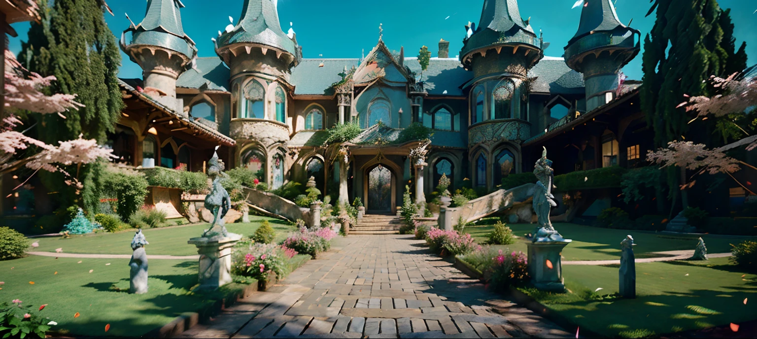 there is a large house with a lot of windows and a lot of trees, inside her surreal vr castle, vaporwave mansion, beautiful render of a fairytale, unreal 5 engine highlly render, custom modern castle, luxury castle, gothic mansion, castle setting, realistic fantasy render, ornate retreat, in a candy land style house, rendered in unreal 5