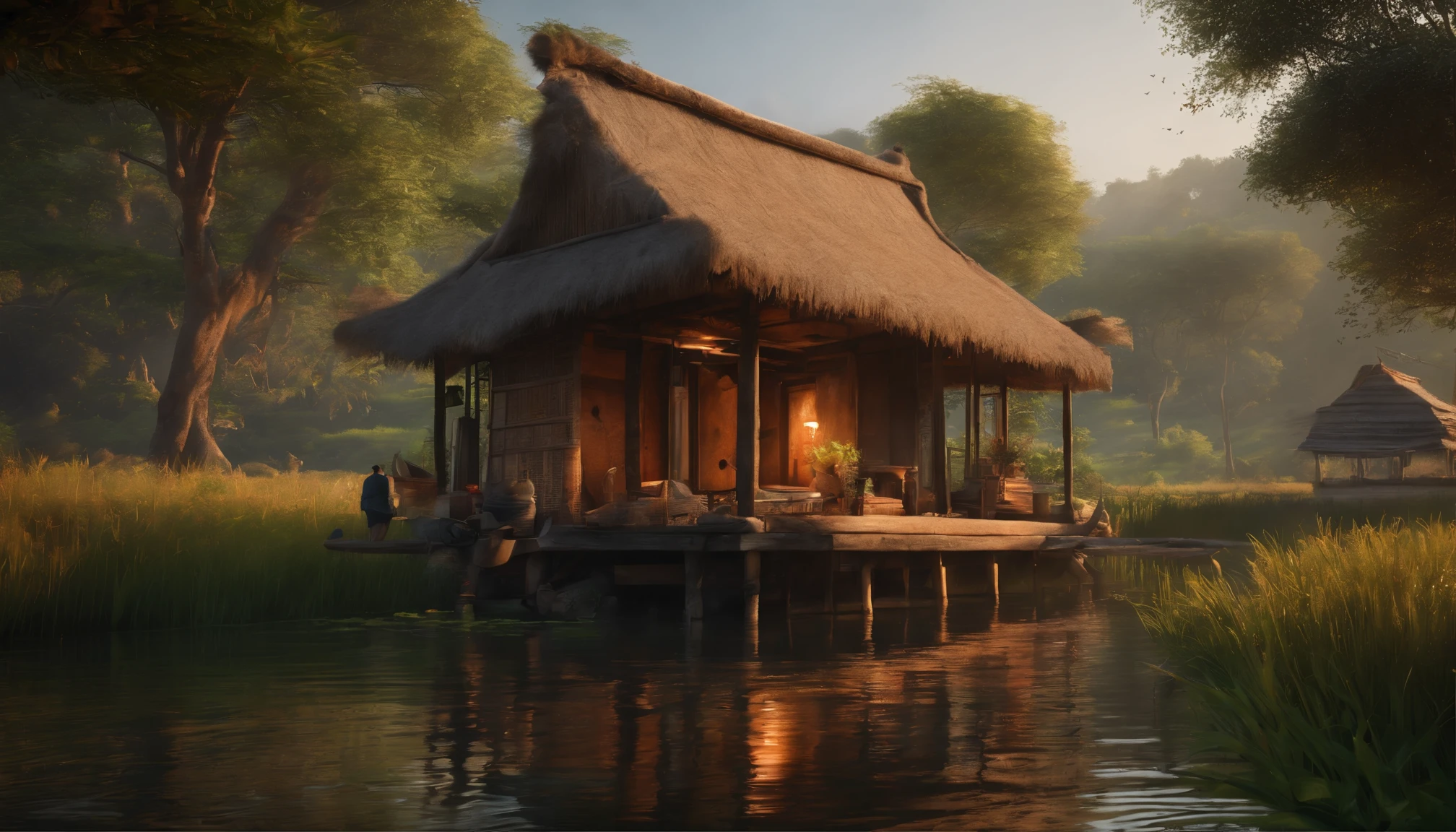 A stilt house with a thatched roof, traditional Vietnamese architecture, bamboo structure, wooden planks, birds flying above, a peaceful village, morning mist, vibrant green rice fields, calm river, wooden pier, women wearing conical hats, traditional clothing, children playing, a fishing boat, blooming lotus flowers, herbal garden, smoke rising from a traditional cooking stove, warm sunlight, soft shadows, a sense of tranquility and harmony. (best quality,4k,8k,highres,masterpiece:1.2),ultra-detailed,(realistic,photorealistic,photo-realistic:1.37),indigenous culture,historical,serene,traditional crafts,pastoral scenery,ethereal beauty,rich heritage,living traditions,harmonious architecture,vibrant nature,peaceful community,brisk morning,traditional lifestyle,vivid colors,nostalgic atmosphere,natural materials,rural charm