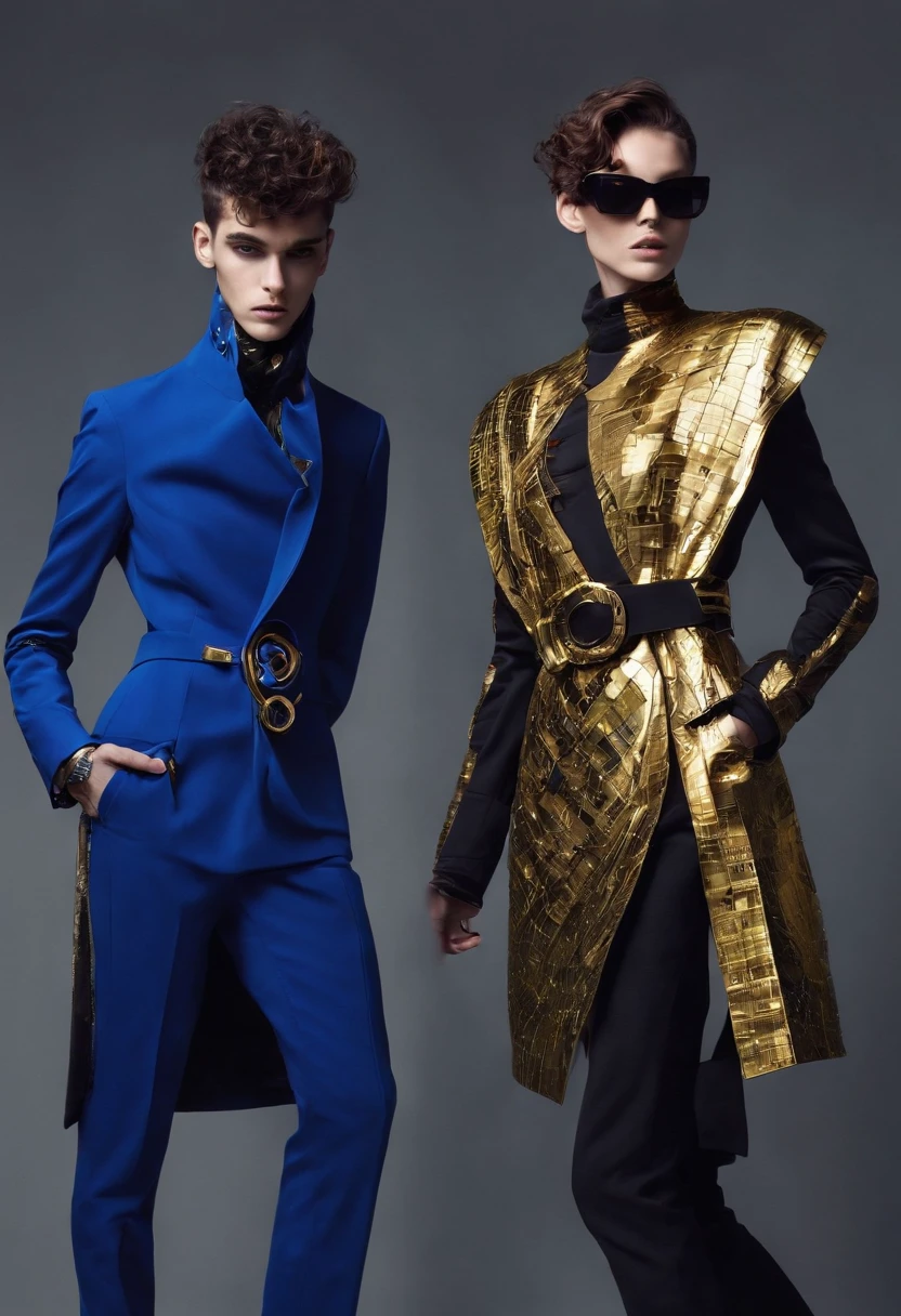 Make a futuristic design with 3 different versions in each image, que la prenda sea futurista , volumetrica , peculiar y exuberantes , que utilice colores morados , dorados , azules y que el modelo sea masculino