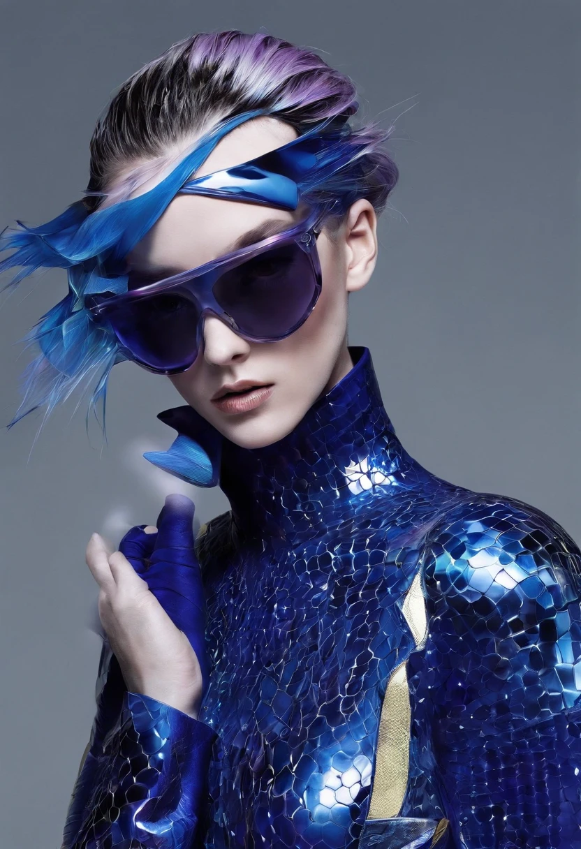 Make a futuristic design with 3 different versions in each image, que la prenda sea futurista , volumetrica , peculiar y exuberantes , que utilice colores morados , dorados , azules y que el modelo sea masculino