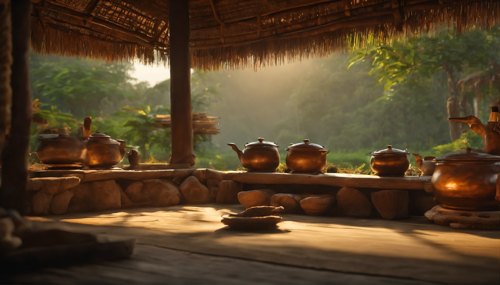 A stilt house with a thatched roof, traditional Vietnamese architecture, bamboo structure, wooden planks, birds flying above, a peaceful village, morning mist, vibrant green rice fields, calm river, wooden pier, women wearing conical hats, traditional clothing, children playing, a fishing boat, blooming lotus flowers, herbal garden, smoke rising from a traditional cooking stove, warm sunlight, soft shadows, a sense of tranquility and harmony. (best quality,4k,8k,highres,masterpiece:1.2),ultra-detailed,(realistic,photorealistic,photo-realistic:1.37),indigenous culture,historical,serene,traditional crafts,pastoral scenery,ethereal beauty,rich heritage,living traditions,harmonious architecture,vibrant nature,peaceful community,brisk morning,traditional lifestyle,vivid colors,nostalgic atmosphere,natural materials,rural charm