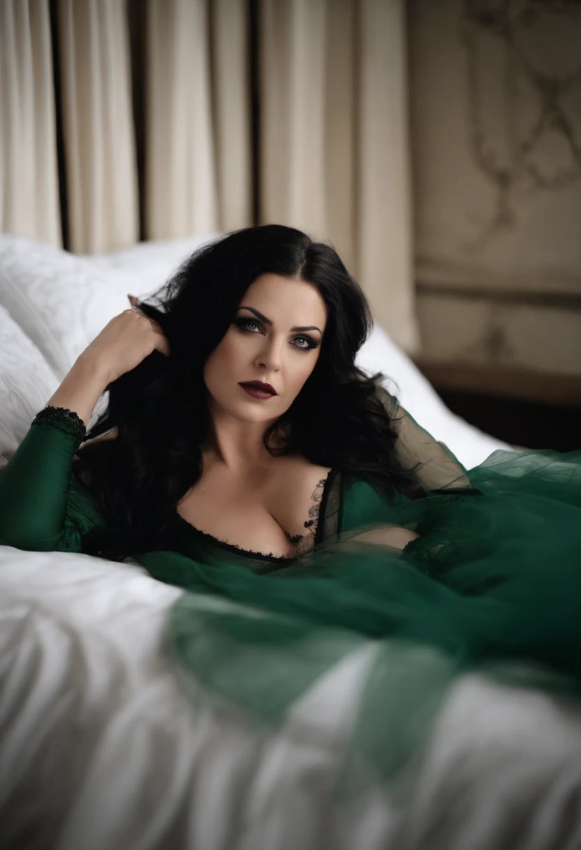 Arafed woman lying on bed with white sheets and black shirt, Evanescence, Morgana, still from a music video, youtube video screenshot, Olhos do quarto, deitado, olhar sedutor, she is laying on her back, deitado na cama, videoclipe, deitado na cama, deitada de costas em uma cama, Vampiro verde Eva bonita, ela tem os olhos cansados, Amy Lee from Evanescence Band, porn, no bra, no underwear, nude, breasts, body, sex, vagina, photorealistic, (high definition skin: 1.2)