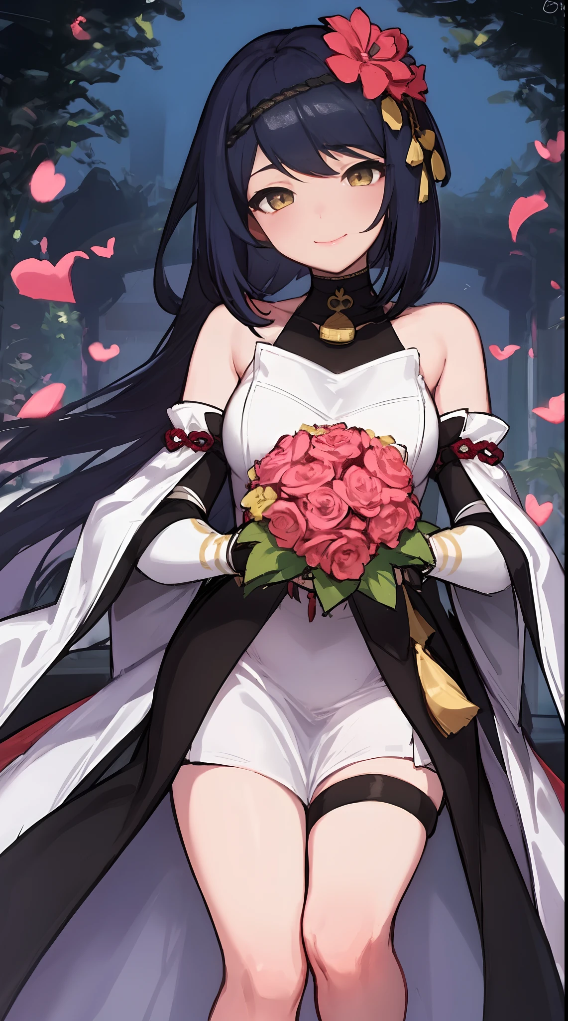 Kujou Sara | genshin impact, master-piece, bestquality, 1girls,25 years old, proportional body, proportional., Wedding Dresses, White Wedding Dress, Long skirt, wedding, ,bara, Standing in the middle of a flower garden, outdoor, wedding, The sky is beautiful, In a paradise of love and happiness..........................., The bride wears a Japanese dress and a seductive smile..........................., The passage of time stops at theirs..........................., On this wedding day of love and happiness..........................., Bright and beautiful flowers, Holding it in her hands symbolizes the envelopment of love..........................., Love and friendship through the transmission of flowers, In a paradise of love and happiness..........................., A bride in a yukata wearing a masika..........................., It is a form of beauty and elegance..........................., Show your spouse your heart.........................., In a paradise of love and happiness..........................., Kochikugisa is the tree of new beginnings..........................., And their love and affection........................, And suck a lot of love..........................., Flowers represent love and peace..........................., In a paradise of love and happiness..........................., View viewers from the front., Thigh strap, Head tilt, bored, 10, 10, HD, slight smile,