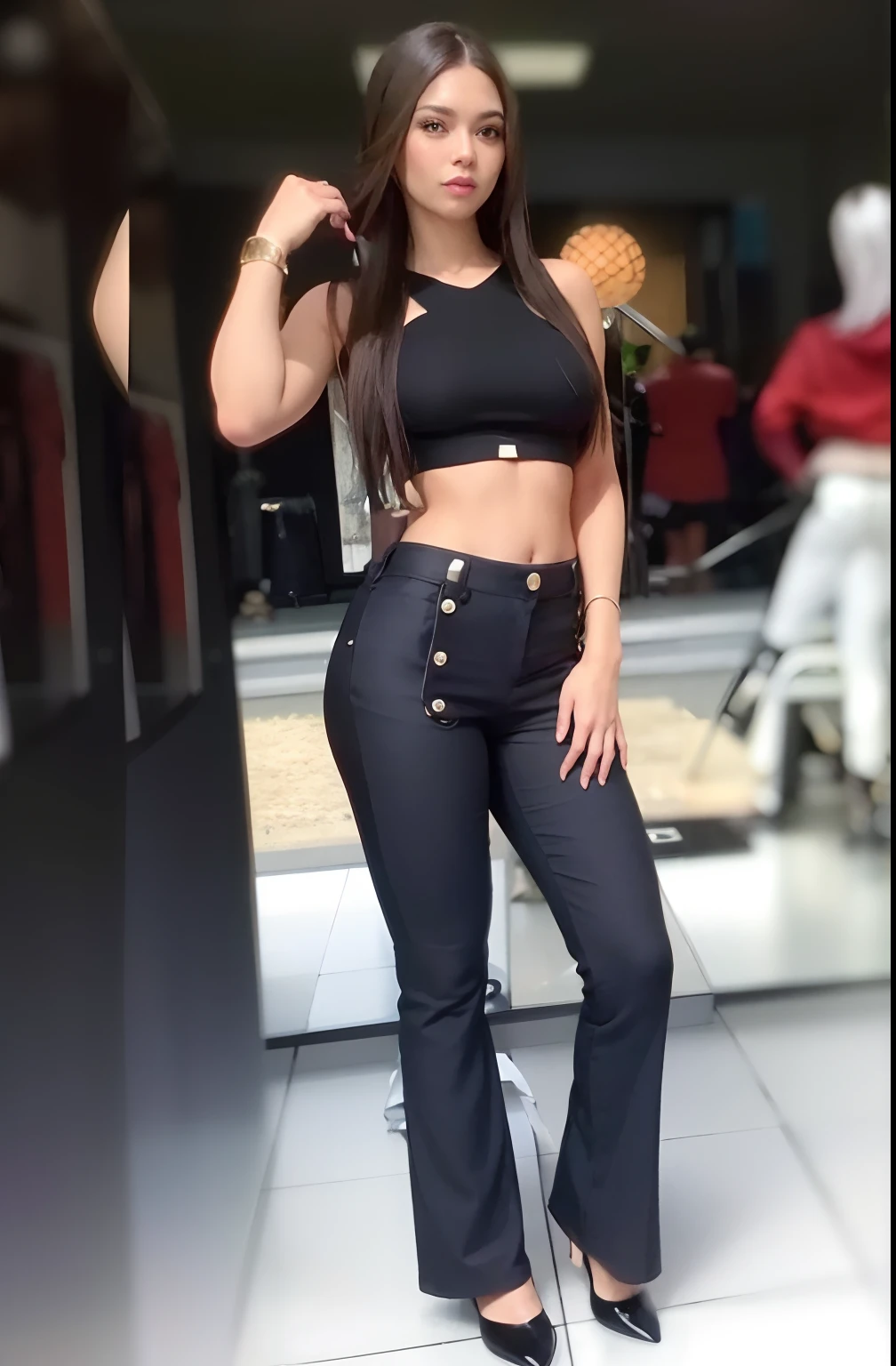 a close up of a woman in a black top and pants, olhar sexy, estilo sexy, Topo de colheita, roupa apertada, usando um top cropped sexy, black pants, cintura magra e quadris grossos, Titular Top, roupa sexy, roupas finas de couro preto, jeans preto extremamente apertado, roupa muito sexy, topo de corte, roupa intrigante, frontal, tampo preto