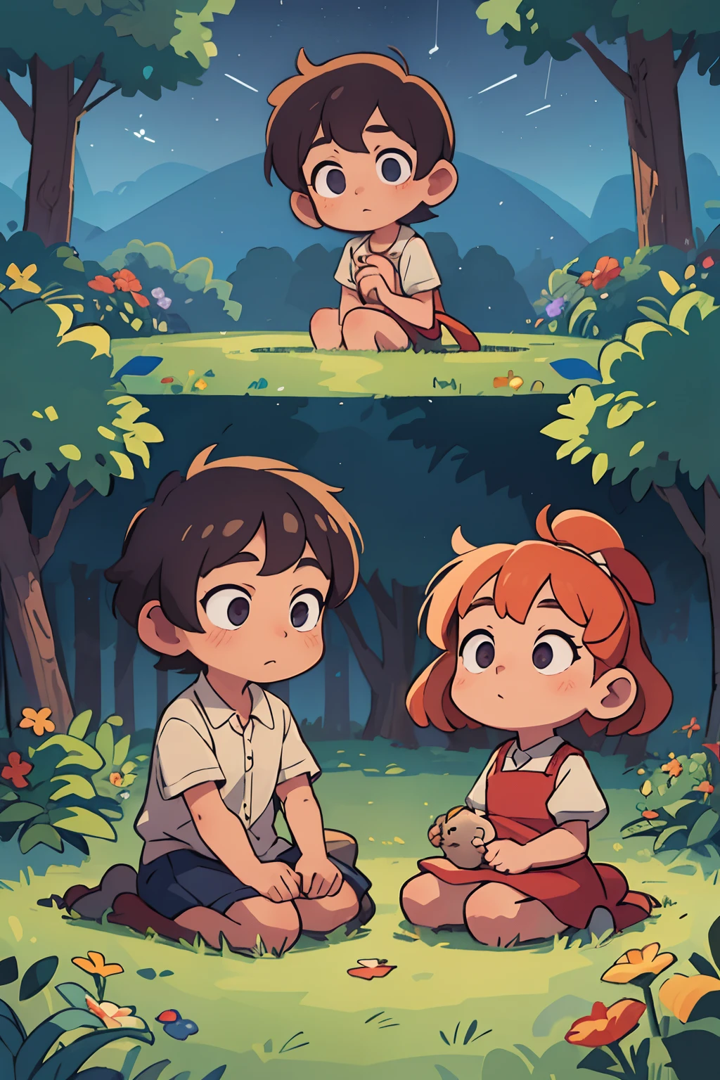 ((Best quality, Masterpiece)),
Two children looking at the stars in a garden