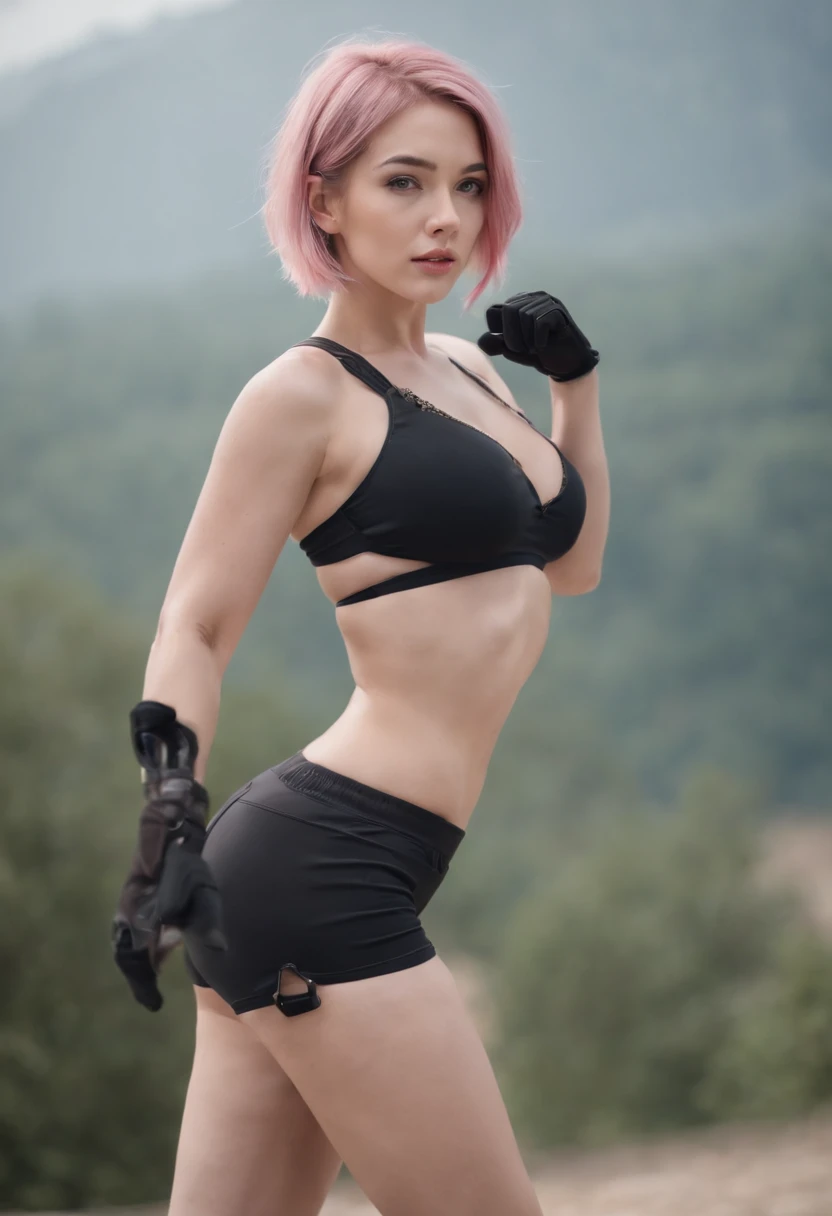 Beautiful woman, 1 girl, short hair woman, fighting stance, black pantyhose, black gloves, sports bra, jewelry, shorts, J thighs. pink hair, drills, asymmetrical hair, raise your ass, sexy , naked